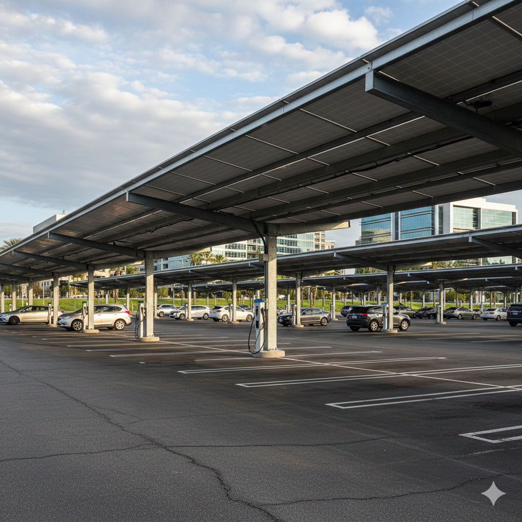 A parking lot with solar panel carports and parked cars, with modern buildings and a partly cloudy sky in the background.