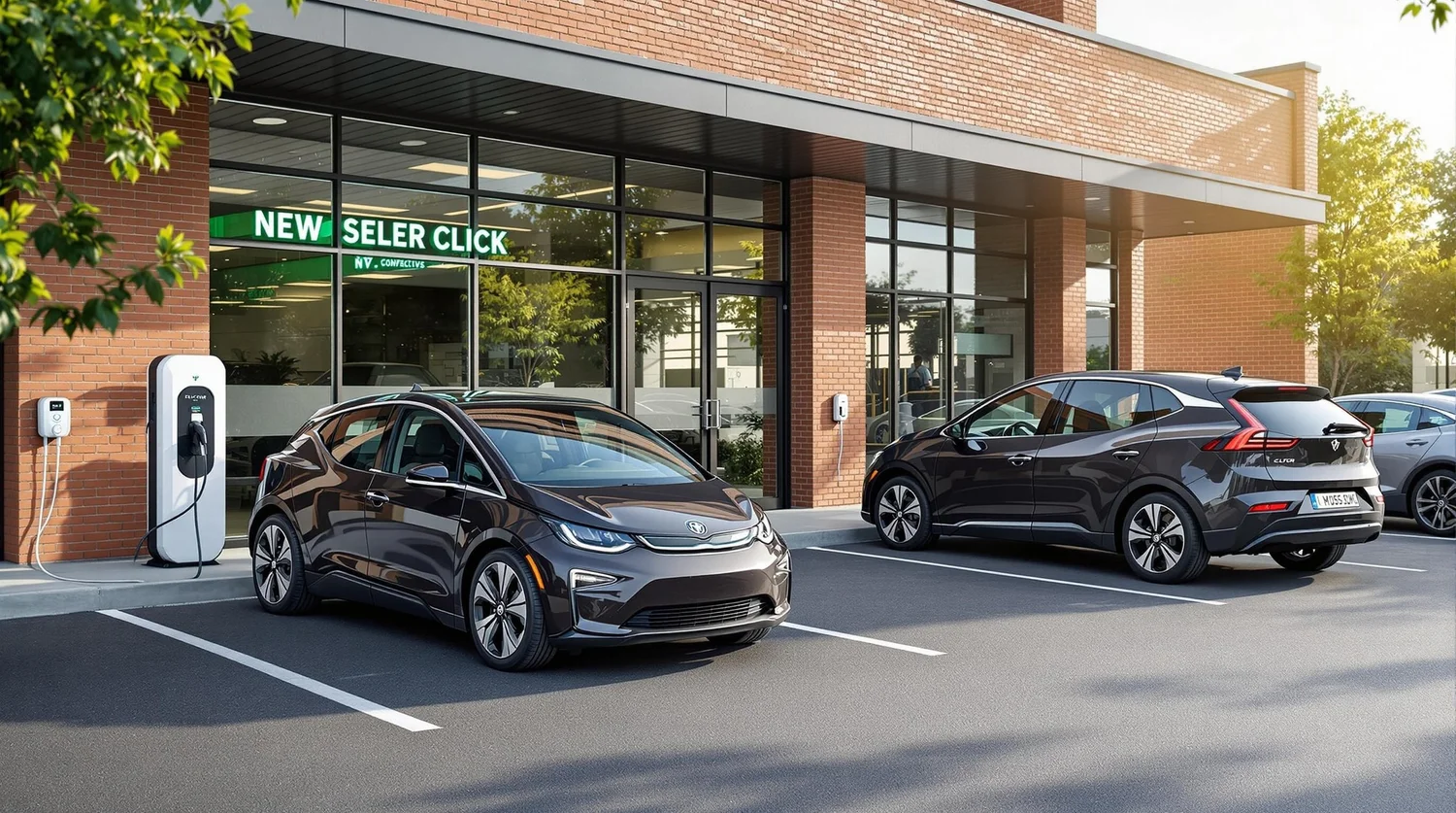 Electric vehicles charging outside a commercial building
