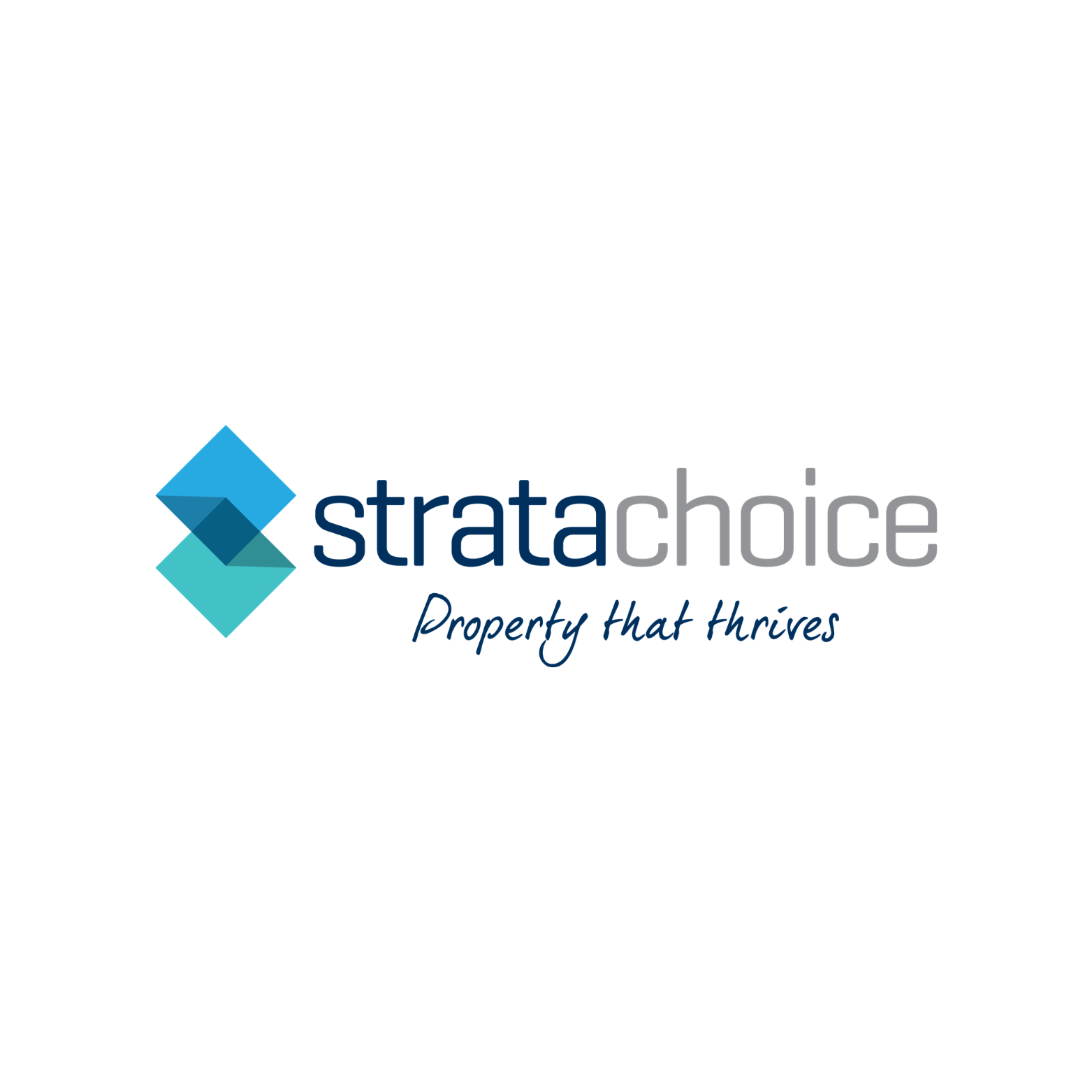 Logo for StrataChoice with blue and teal overlapping squares and the tagline "Property that Thrives" in cursive.