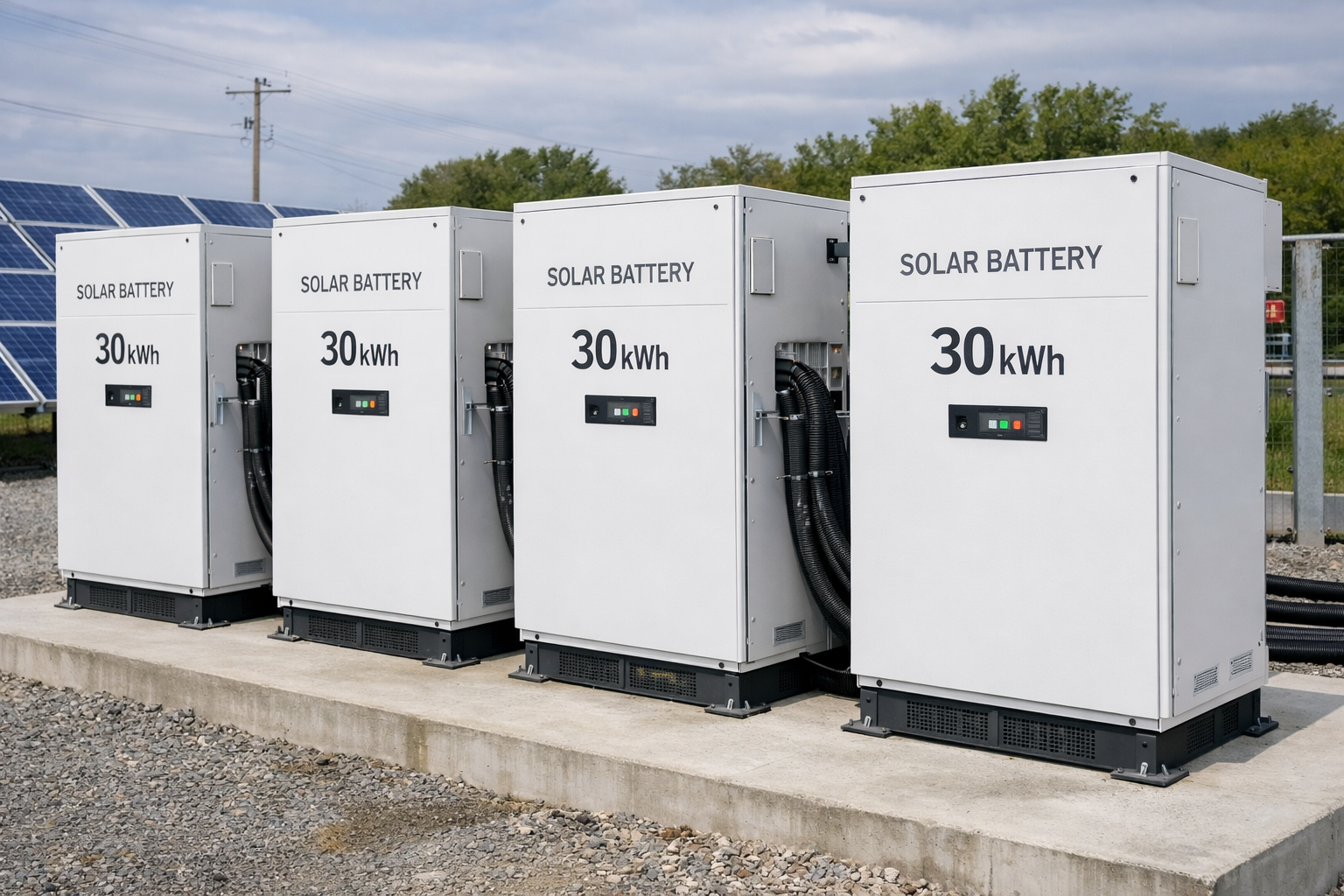 Four outdoor solar battery units labeled "30 kWh" each, connected by thick black cables, with solar panels and trees in the background.