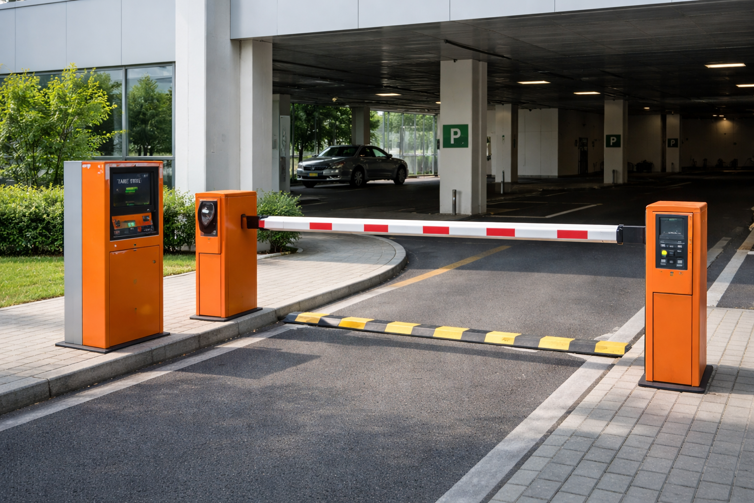 Automatic parking gate with orange barrier arm, ticket kiosk on the left, and payment terminal on the right, at the entrance of an underground parking garage.