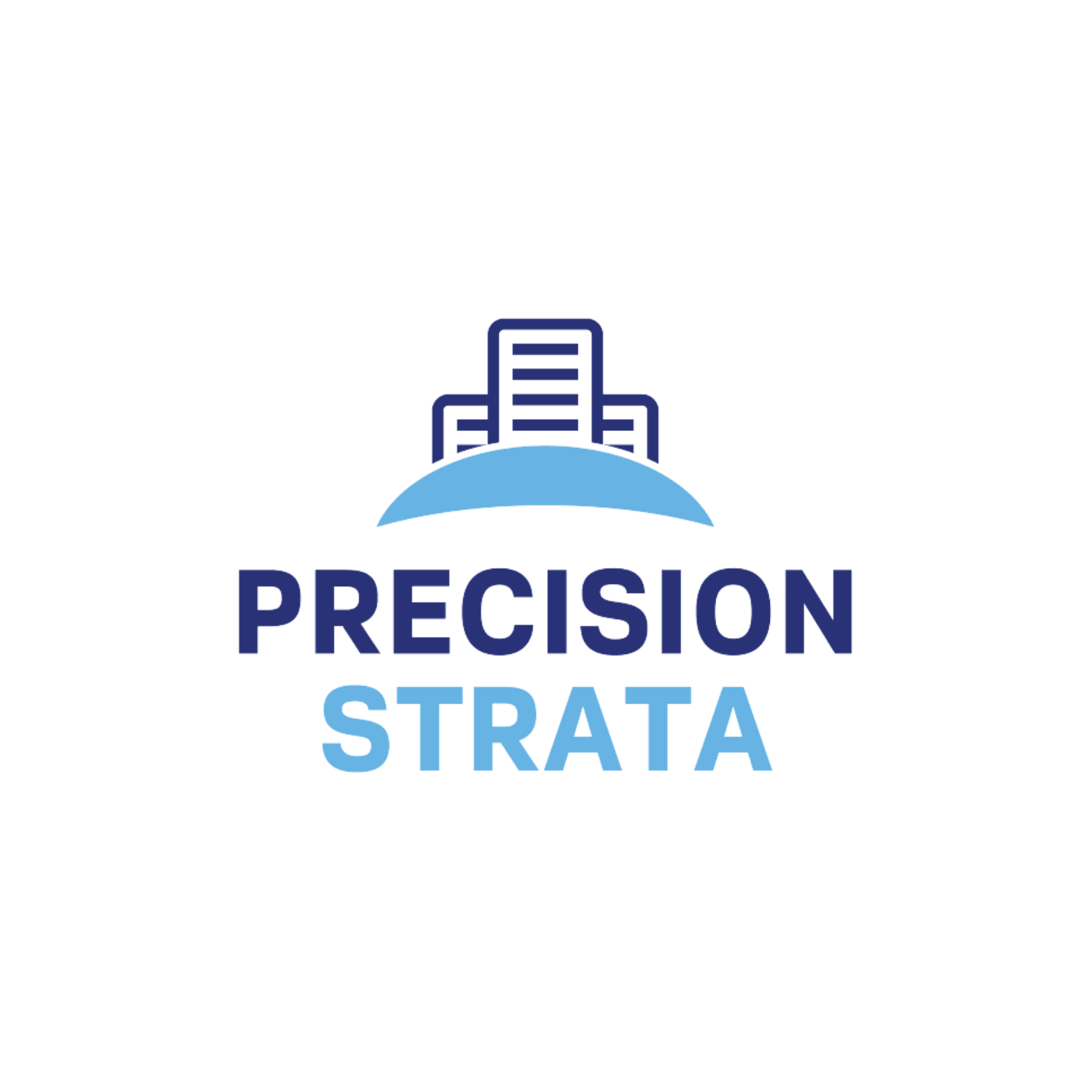 A logo with an illustration of a tall building on a blue semi-circle and the text 'PRECISION STRATA' in bold capital letters below the image.