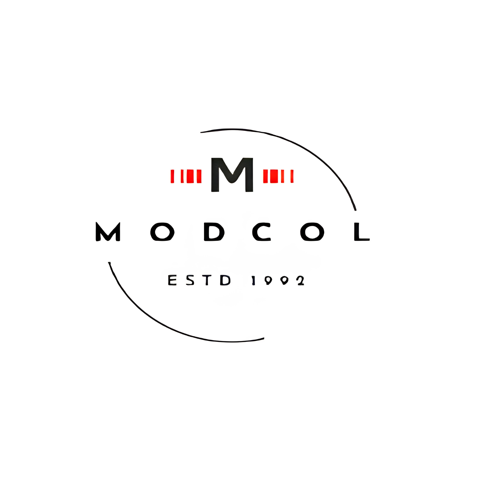 Logo with the letter M at the center, flanked by red vertical lines on each side, with the text MODCOL below and ESTD 1902 at the bottom.