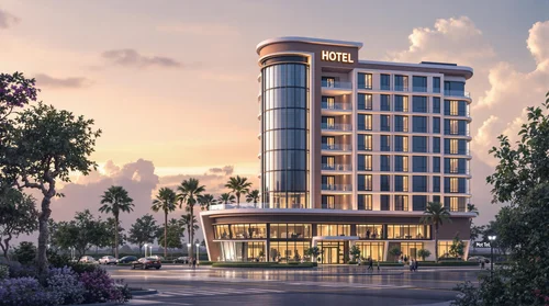 A modern hotel building with glass windows and balconies, surrounded by palm trees and greenery, with a parking lot and cars in front, during sunset.