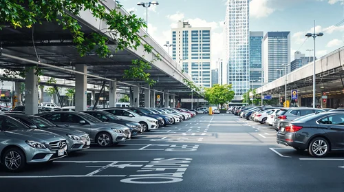 A parking lot filled with various cars, under a raised highway with tall modern buildings in the background, and some green trees along the sides.