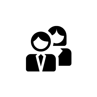 Icon of two businesspeople, one with short hair and the other with longer hair, both wearing suits.