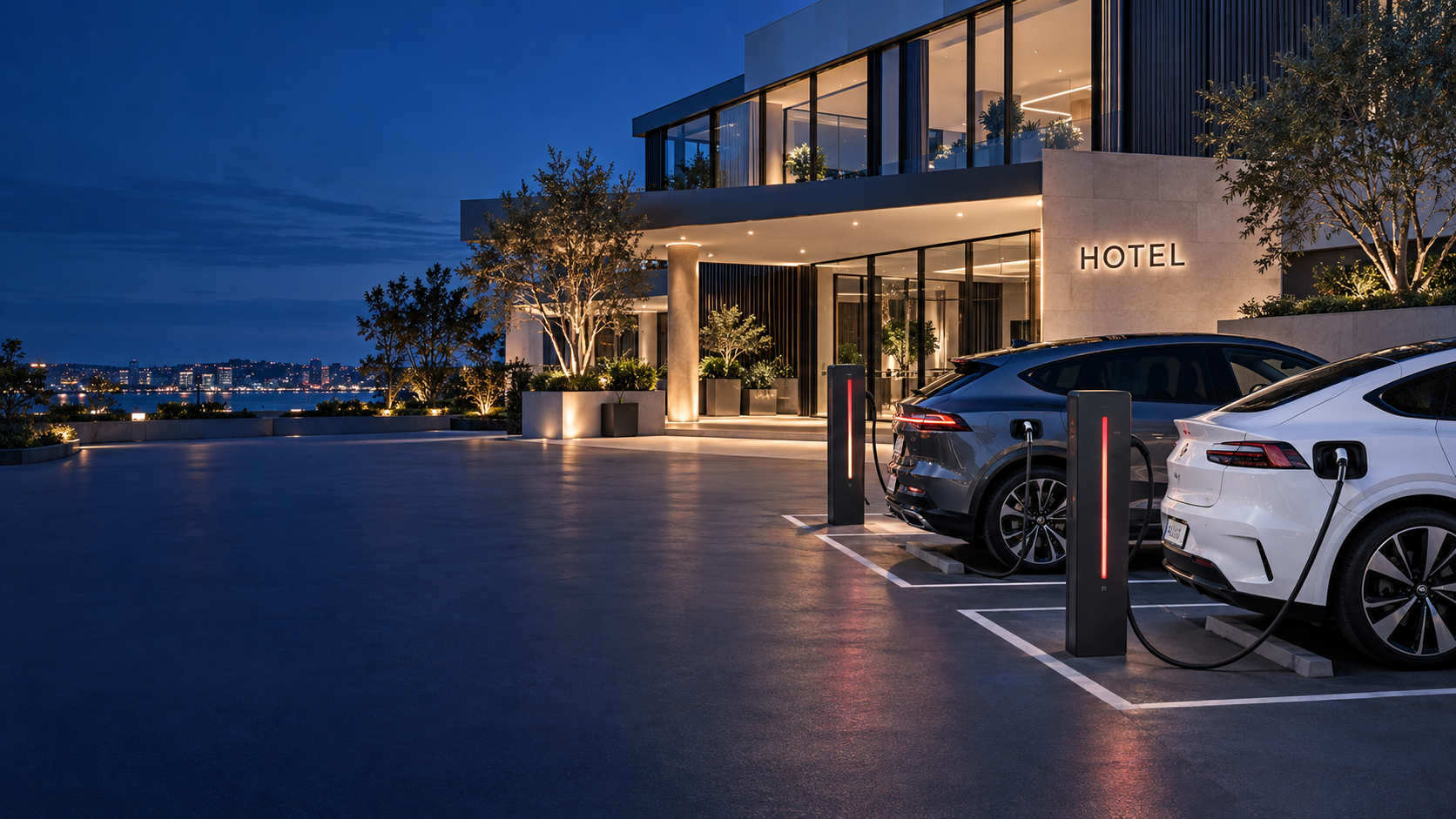 Illustration of a contemporary hotel with two electric vehicles connected to EV charging stations