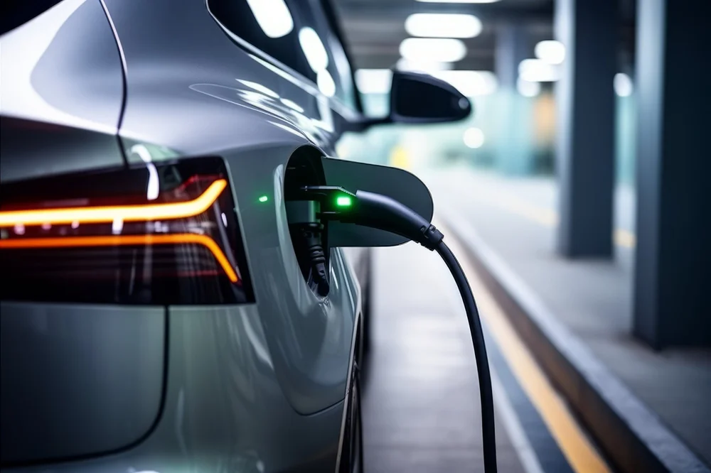 Electric vehicle connected to a charger in a covered parking garage