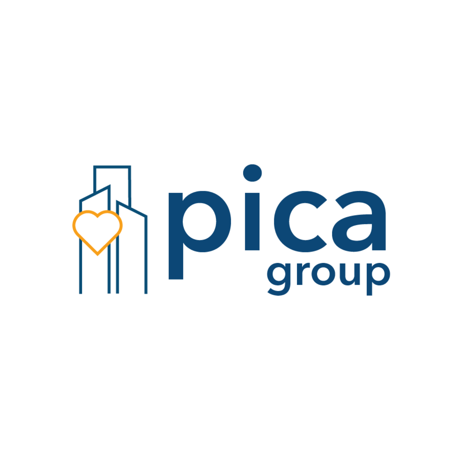 Logo for Pica Group featuring a stylized cityscape with a heart integrated into the design, and the words 'pica group' in navy blue text.