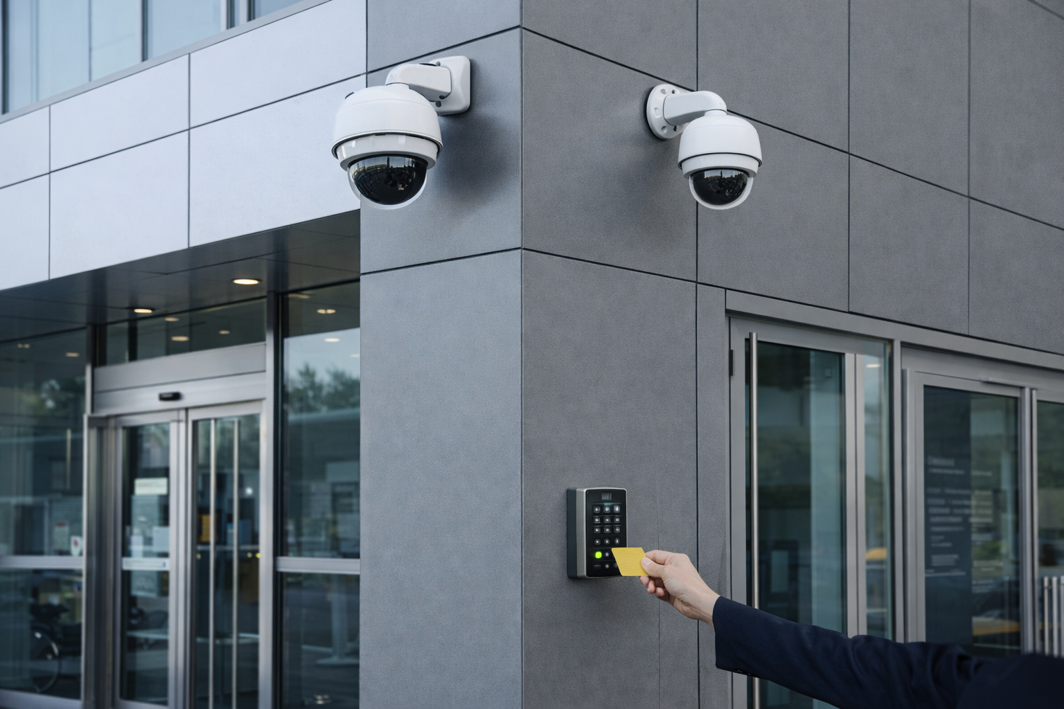 Security cameras mounted on the exterior wall of a modern building