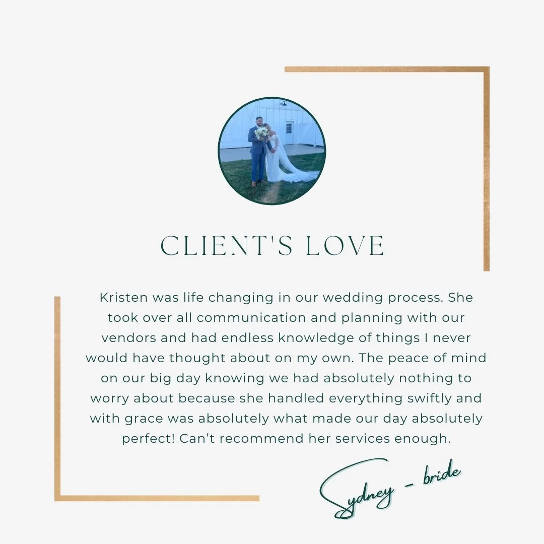 Thankful Sunday 

Feeling so grateful for kind words like these!
&ldquo;The peace of mind on our big day knowing we had absolutely nothing to worry about because she handled everything swiftly and with grace was absolutely what made our day perfect.&