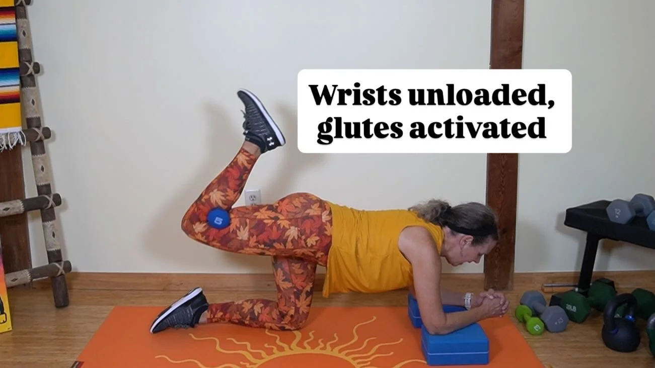 A recent addition to my Weights and Core class. I love this one for you if you have wrists that need a break, go to your forearms. I used yoga blocks for additional cushion. 

When you lower your upper body, you also increase the intensity of the hip