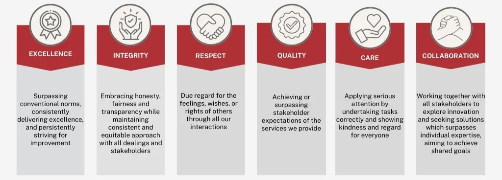 Infographic displaying core values: Excellence, Integrity, Respect, Quality, Care, Collaboration. Each value has a description emphasizing standards of performance and collaboration.