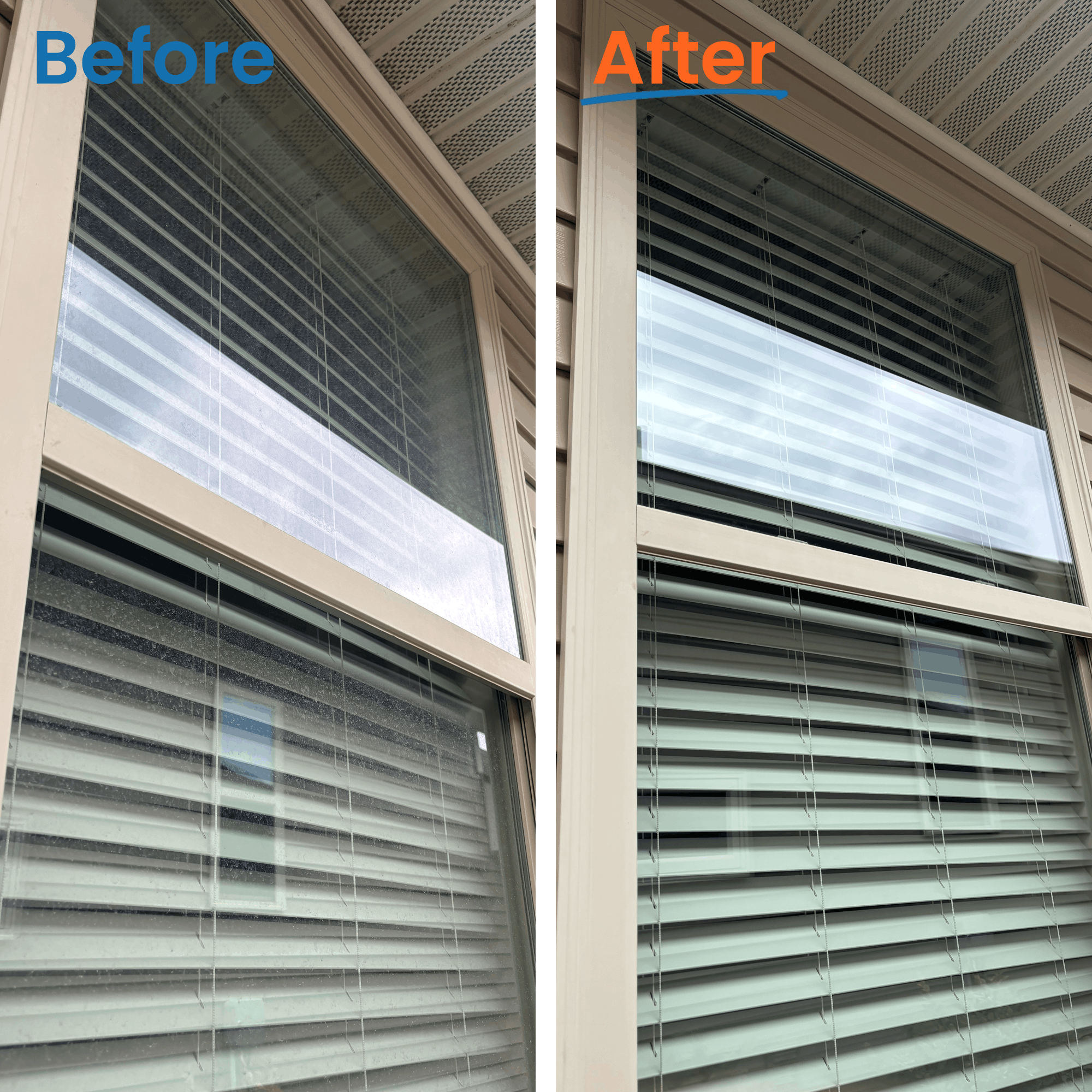 Before & after of a window cleaning done in Haslett, Mi - On the left is the "before" with a dirty grime filled window and on the right is "after" with nice reflective and completely cleaned window