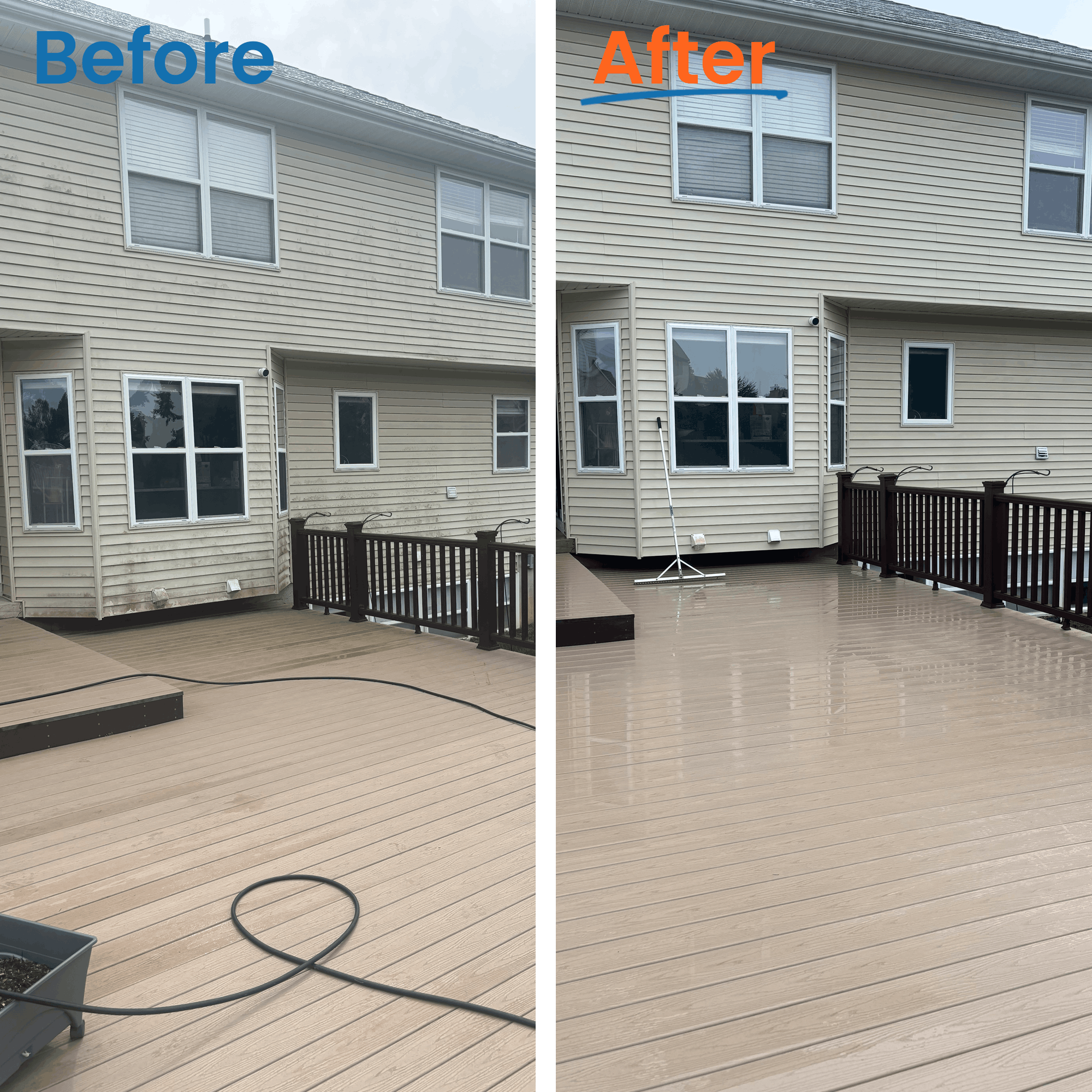 Before & after of a house wash and deck wash done in Okemos, Mi. On the left we have the "before" with grime filled siding and a dingy looking composite deck. On the right we have the "after" which has nice clean vinyl siding and shining deck