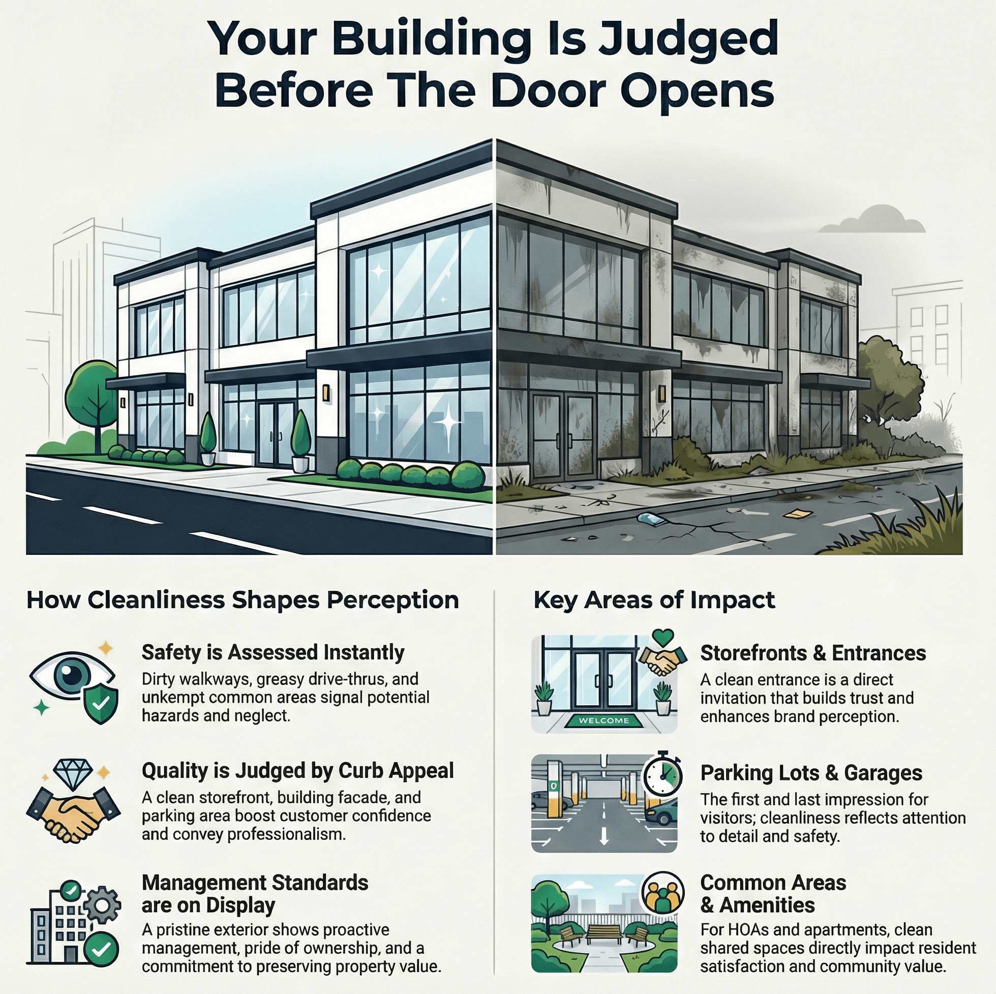 Infographic shows the pros of professional exterior cleaning for commercial buildings. Showing how the look of a unclean exterior can change somebodies mind before they walk through the door!