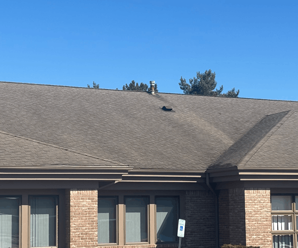 Shingle roof filled with black streaks and algae known as Gloeocapsa magma