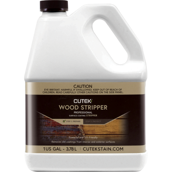 A white plastic bottle of CUTEK wood stripper with a brown screw-on cap, labeled as a professional surface coating stripper, containing 1 gallon (3.78 liters).