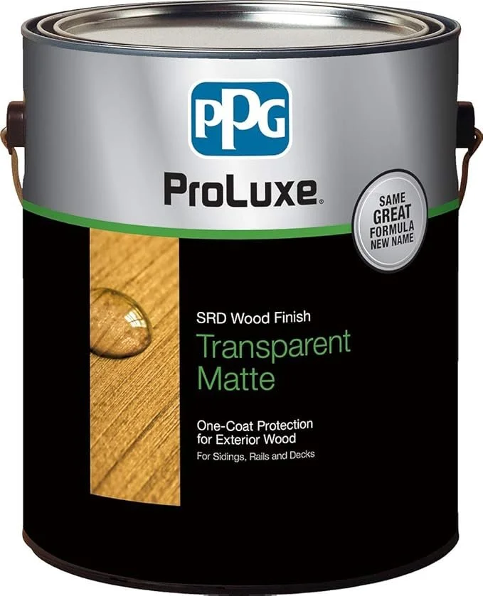 A can of PPG ProLuxe SRD Wood Finish Transparent Matte exterior wood paint for siding, rails, and decks.