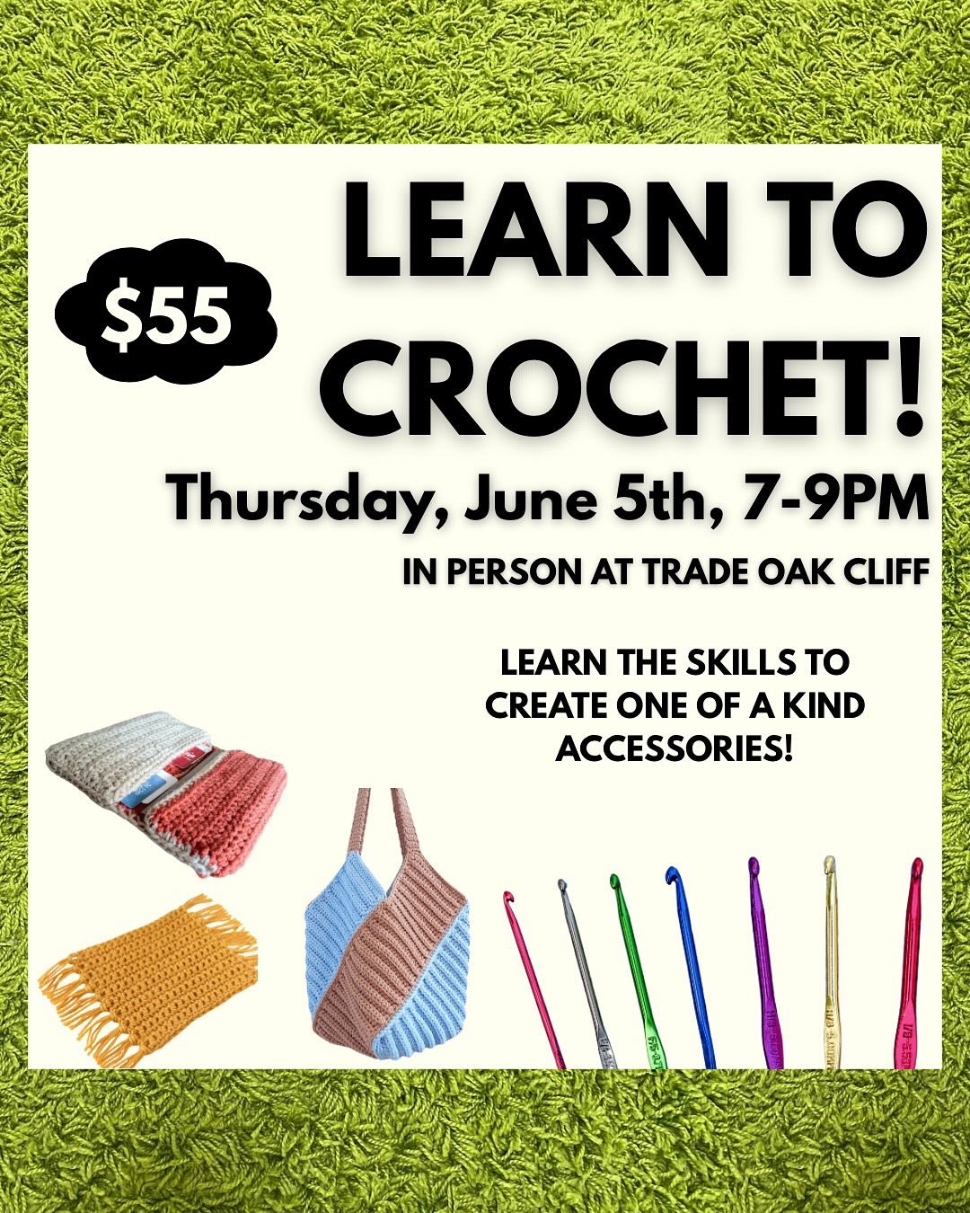 We&rsquo;re crocheting our wardrobe this summer! Come learn to crochet with me at @tradeoakcliff! 

#crochet #artfitbyzakyla #doesyourartfit #crochetclass #crochetlesson #learntocrochet #crochetdallas #crocheteveryday #crochetteacher