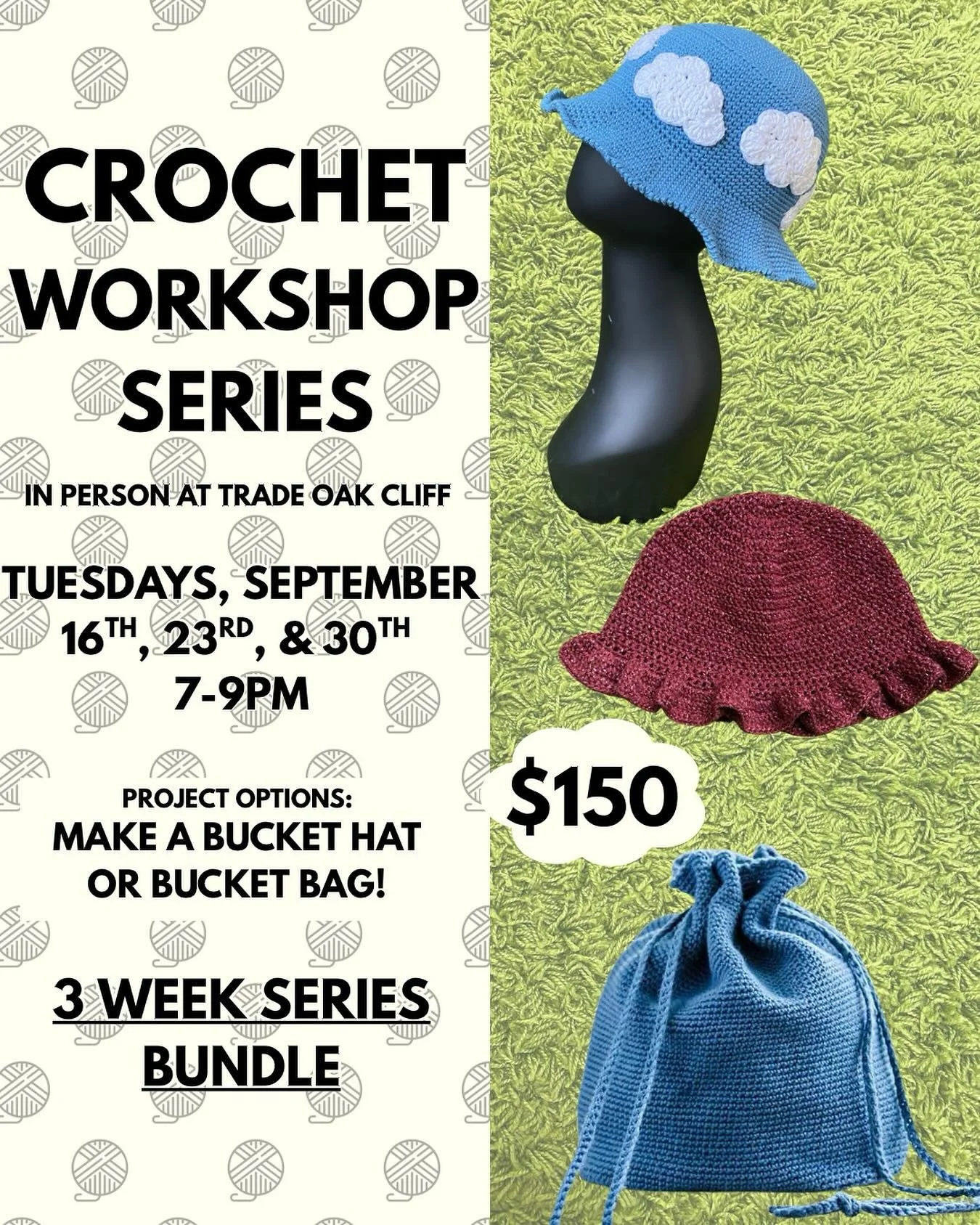 Can&rsquo;t catch me at DFW Fiber Fest this weekend? You can come take a class with me at @tradeoakcliff and learn all the skills needed to make a bucket hat or bag! 

Classes can be taken individually as well if you aren&rsquo;t able to take all thr