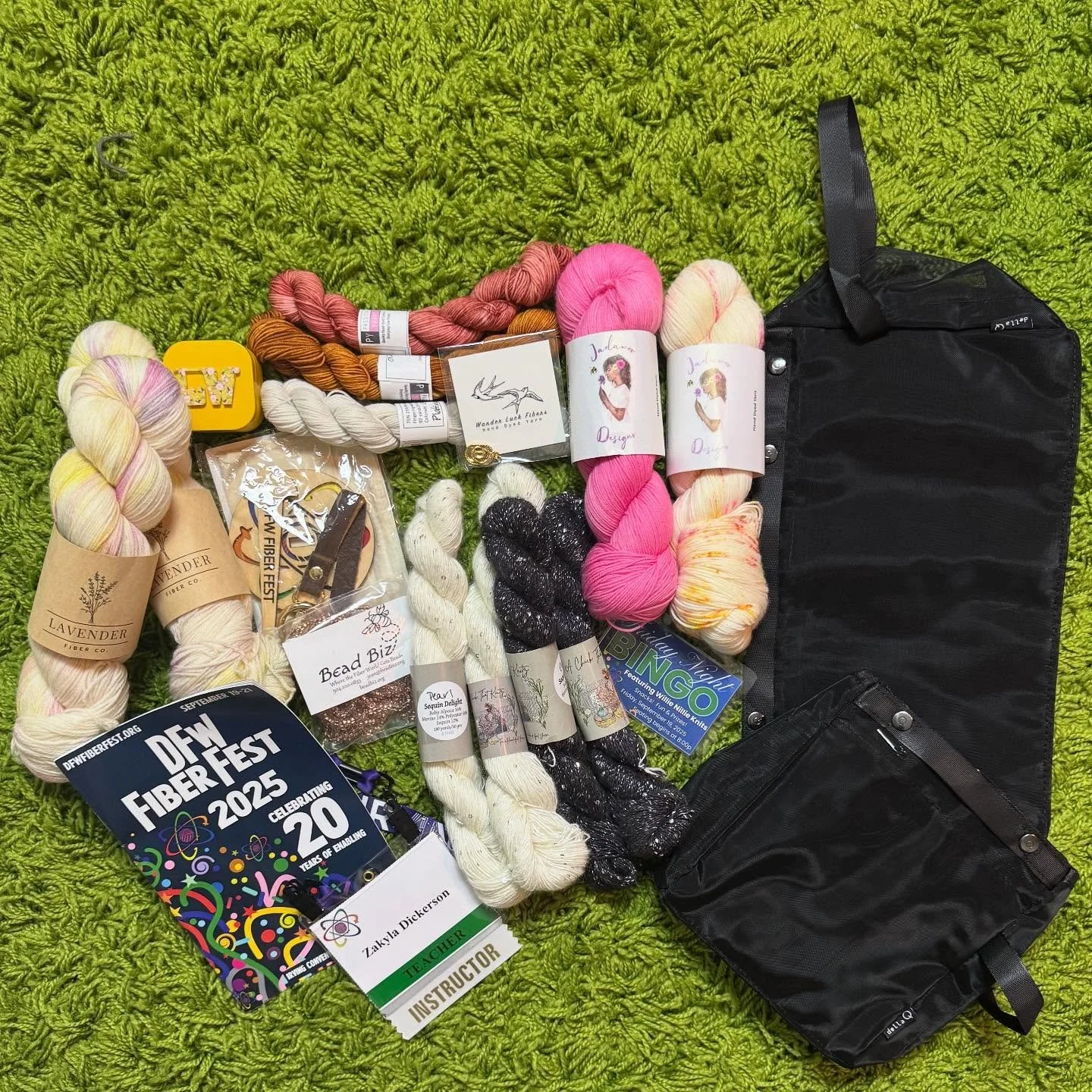 My @dfwfiberfest 2025 haul! I had such an amazing experience this year! The love and support was tremendous! I can&rsquo;t wait for next year! #dfwfiberfest 

@jadawoo_designs 
@lemonwood.love 
@dellaqbags 
@wanderluckfibers 
@achickthatknitz 
@laven