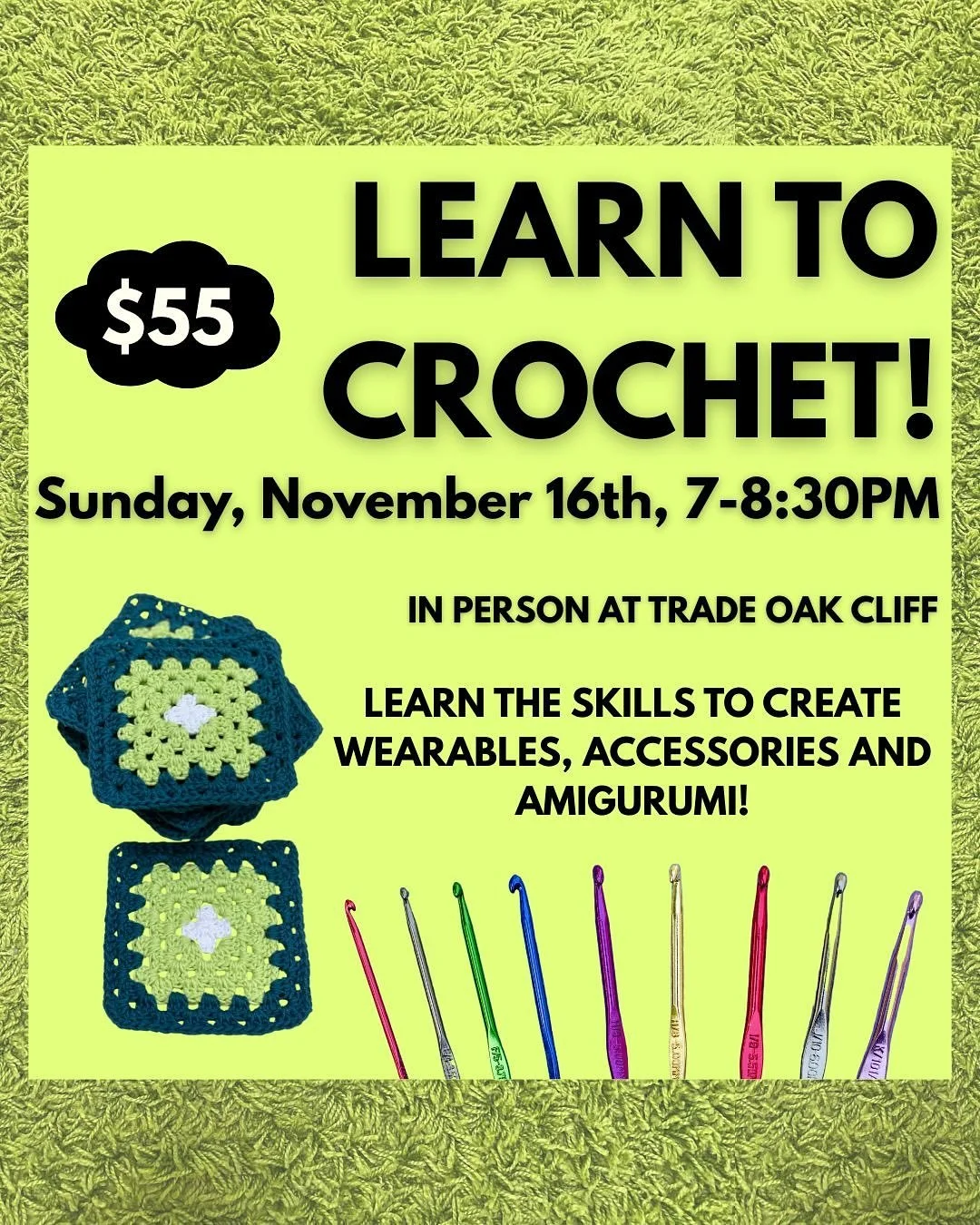 Crochet classes for November and December at @tradeoakcliff! 

#crochet #crochetclass #crochetteacher #artfitbyzakyla #doesyourartfit #beginnercrochet #dallascrochet #crochetdallas #learntocrochet