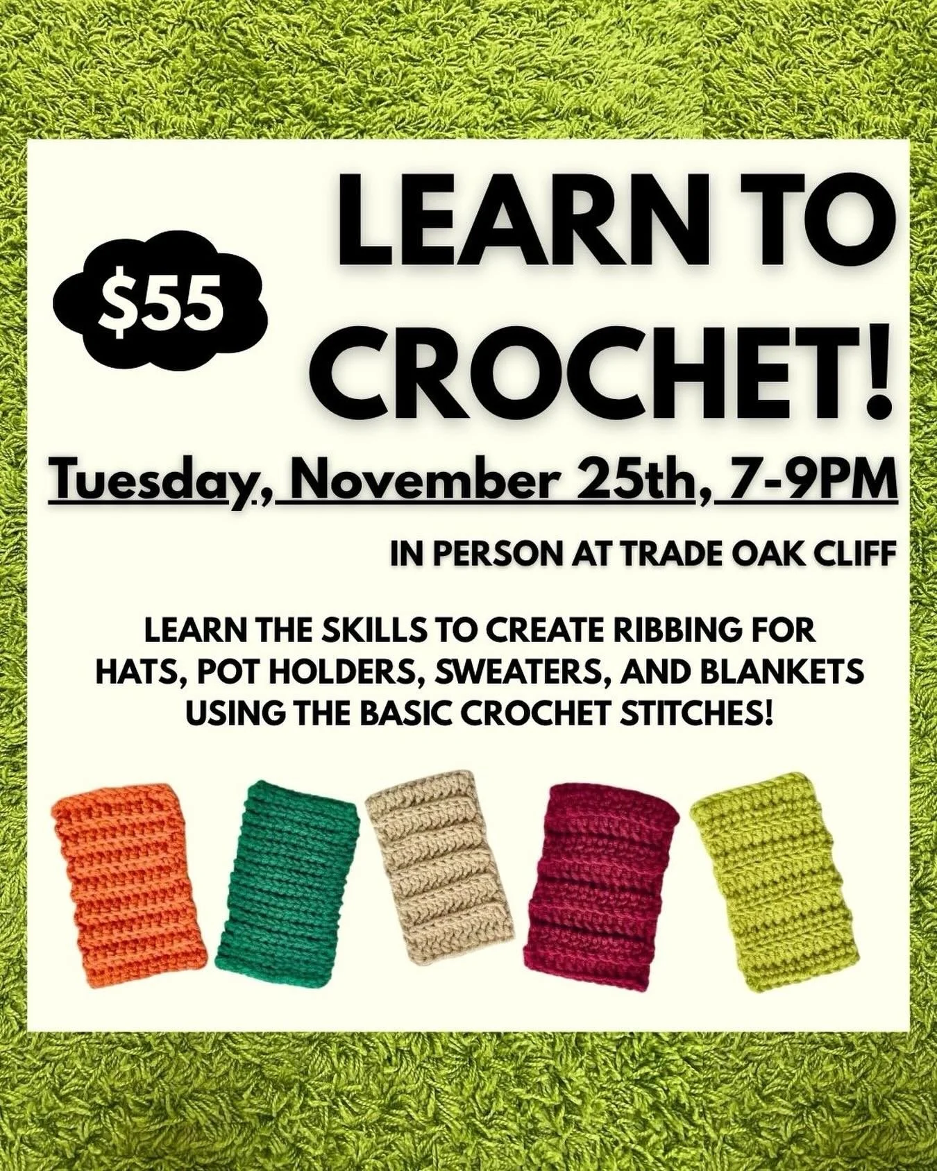 One last class left for the month at @tradeoakcliff! Come learn with us before the holiday weekend! Remember crochet stitches can help reduce stress! 

#crochetclass #crochetteacher #artfitbyzakyla #tradeoakcliff #doesyourartfit #learntocrochet #croc