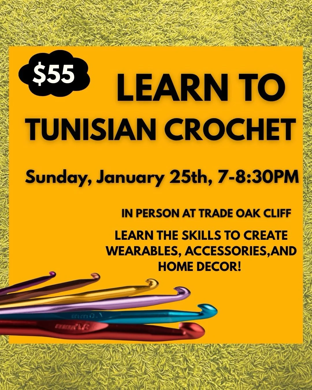 Idk 2026 seems like the perfect time to learn Tunisian Crochet! Check out these January crochet classes in Dallas! 

Tunisian 101
Saturday, January 17th 3-5:30pm at Knit Dallas

Keziah Ear Warmer
Thursdays, January 15, 22, &amp; 29th 7:30-9pm at Knit