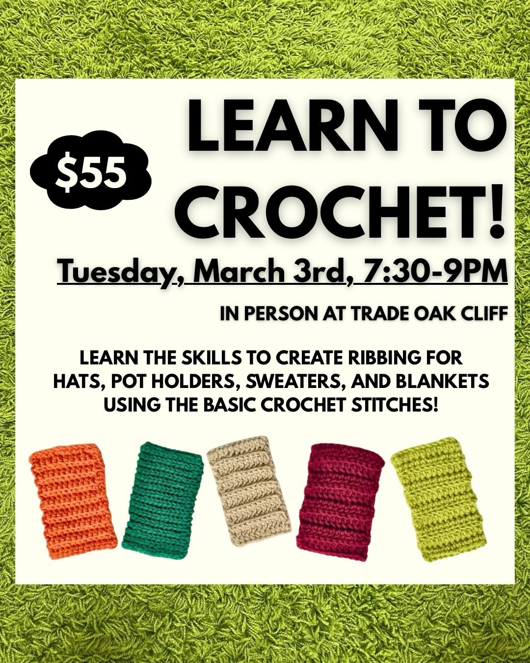 Crochet with me at @tradeoakcliff!! My students are learning so much and growing in confidence! 

Let&rsquo;s get crafty in time to make something for your spring wardrobe! Sign up link in bio!

#crochet #crochetteacher #crochetclass #dallascrochet #