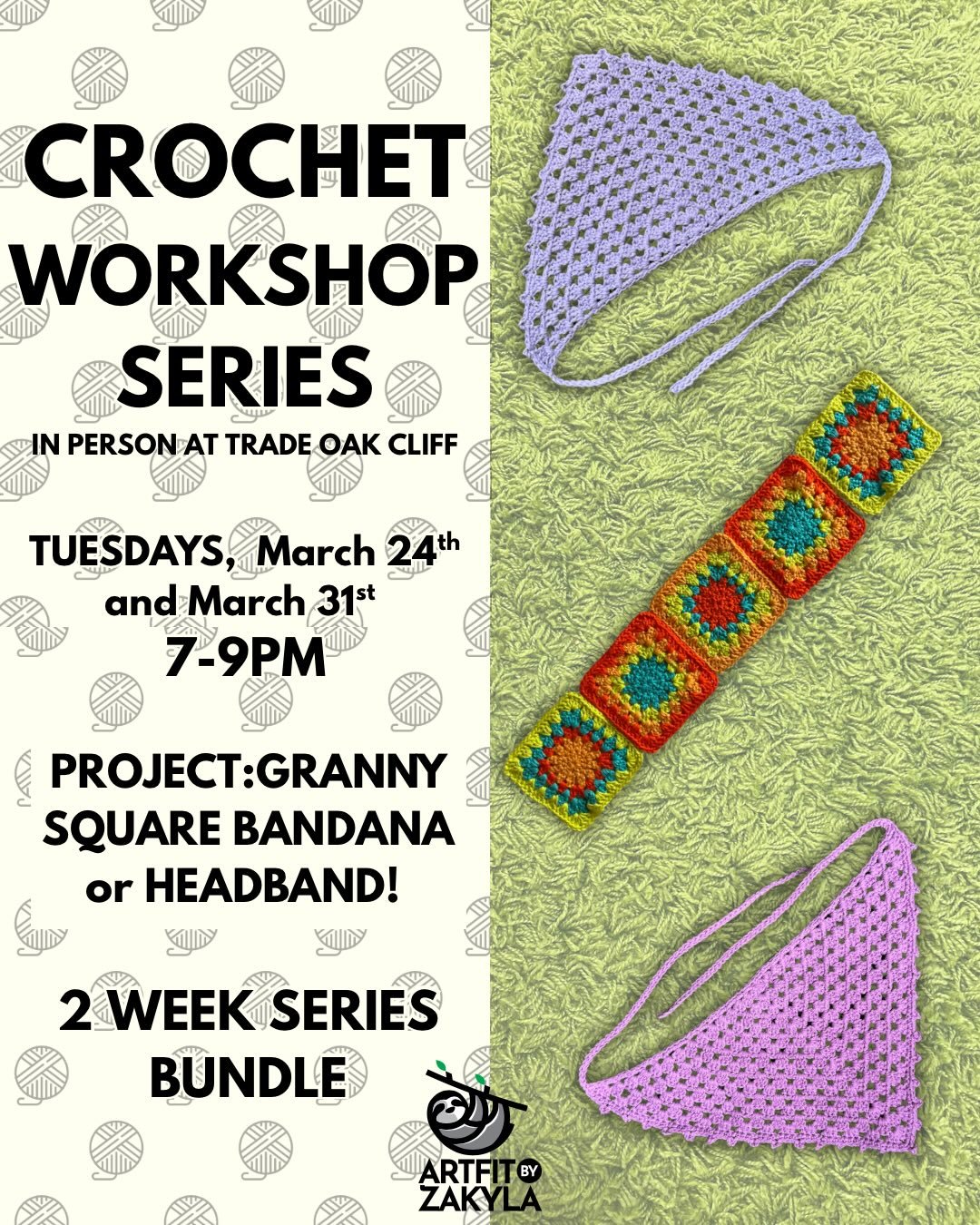 Happy Monday! Here are the classes happening this week at @tradeoakcliff! 

Tuesday, March 24th &amp; 31st 7-9pm
Project Options Granny Square Bandana or Headband

Tuesday, March 24th 7:30-9
Beginner Crochet Skills Traditional or Tunisian Crochet

#t