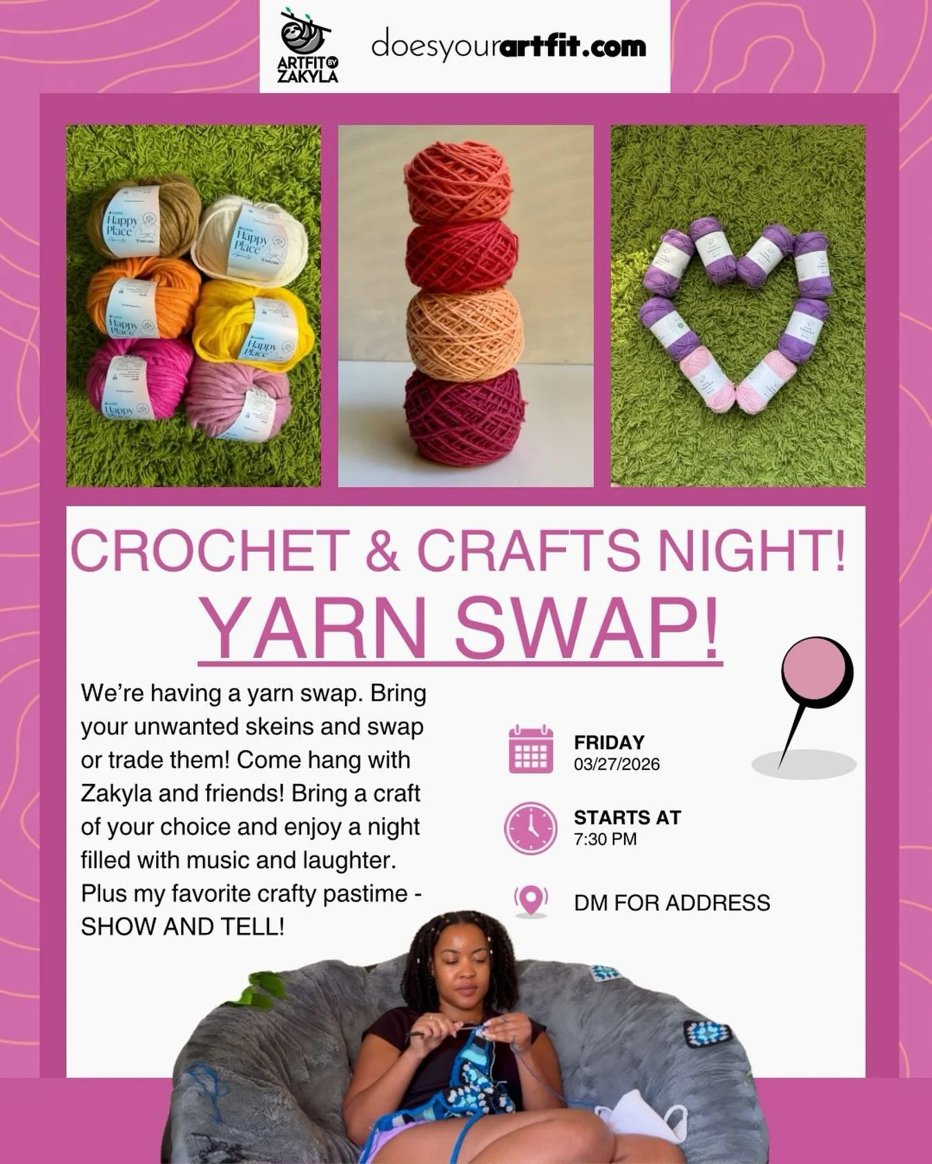 I&rsquo;ll see yall Friday at the studio! We&rsquo;re having a yarn swap and hanging out! Send me a message if you need the address! 

#artfitbyzakyla #dallascrochet #doesyourartfit #crochetnight #dallastx