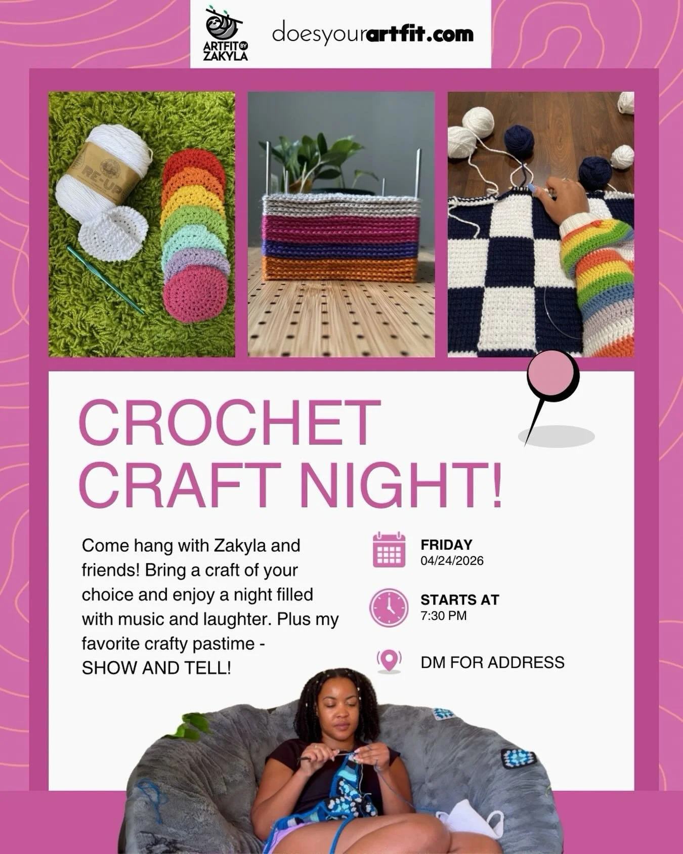 This Friday! Craft Night! Will I see you there??

#craftnight #artfitbyzakyla #crochetdallas #doesyourartfit