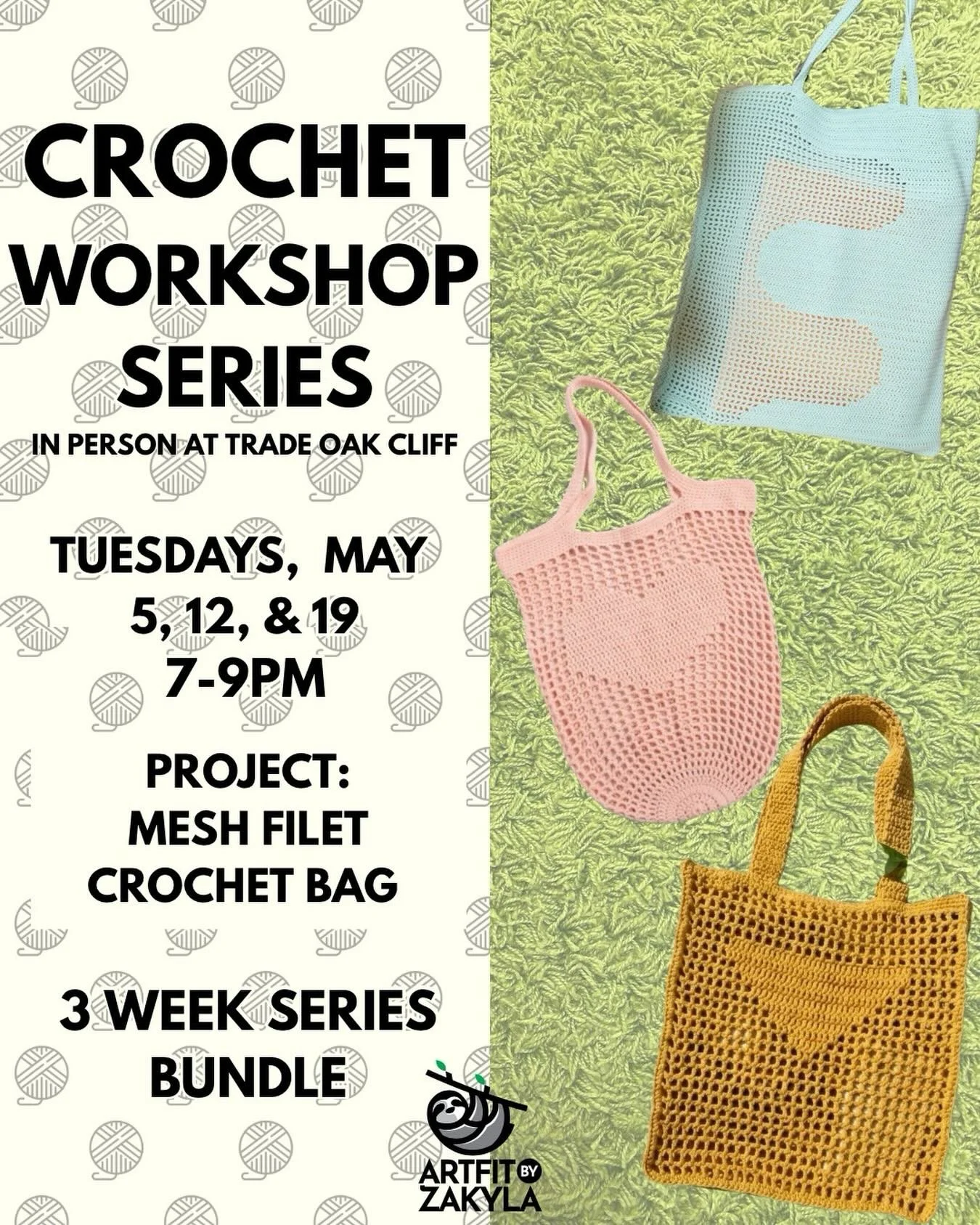 Learn to Filet Crochet! I&rsquo;ll see you at @tradeoakcliff next month! This multi week workshop is beginner friendly. 

Sign up for the multi week or single week session!

#crochetclass #crochetteacher #artfitbyzakyla #doesyourartfit #learntocroche