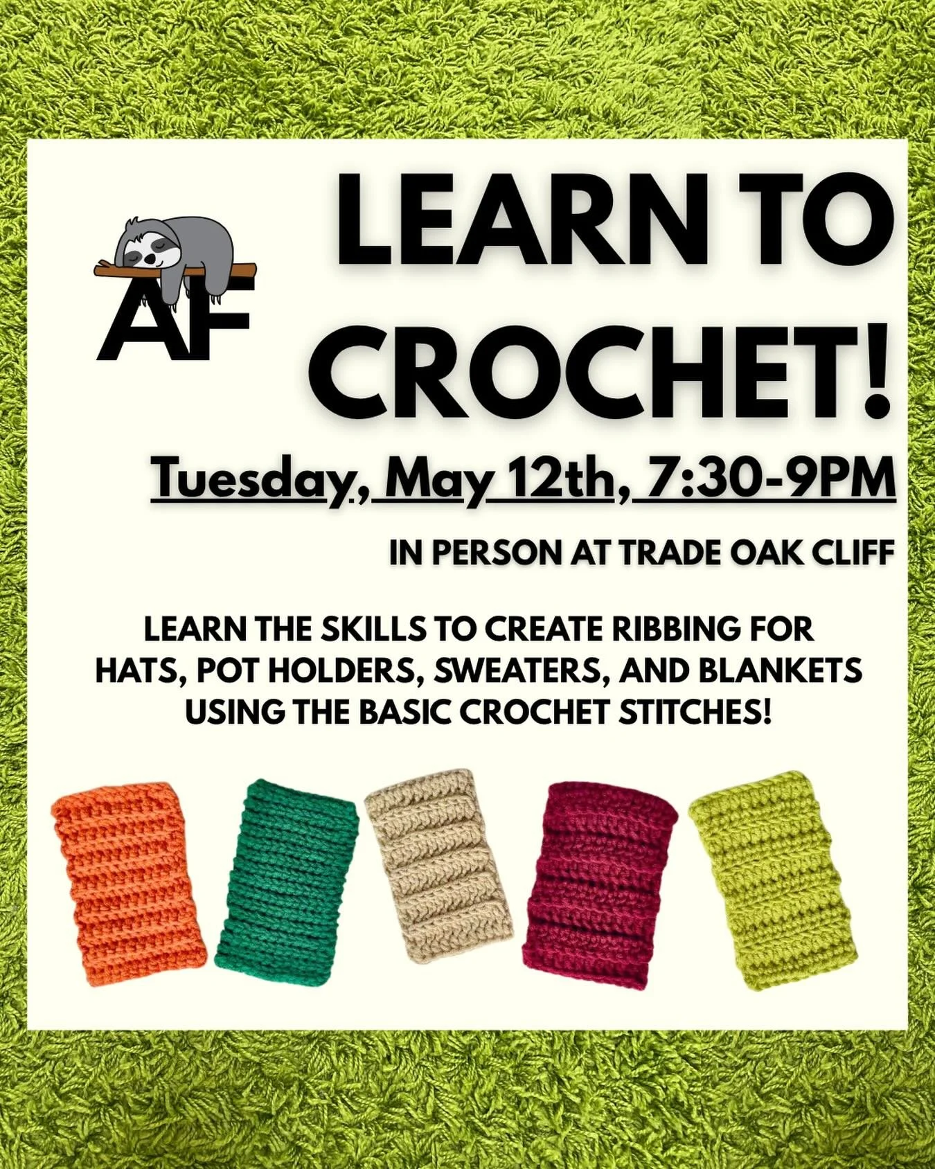 Want to learn to crochet? Two spots left on Tuesday! 

Come learn ribbing with me @tradeoakcliff 

#tradeoakcliff #artfitbyzakyla #doesyourartfit #crochetclass #crochetteacher