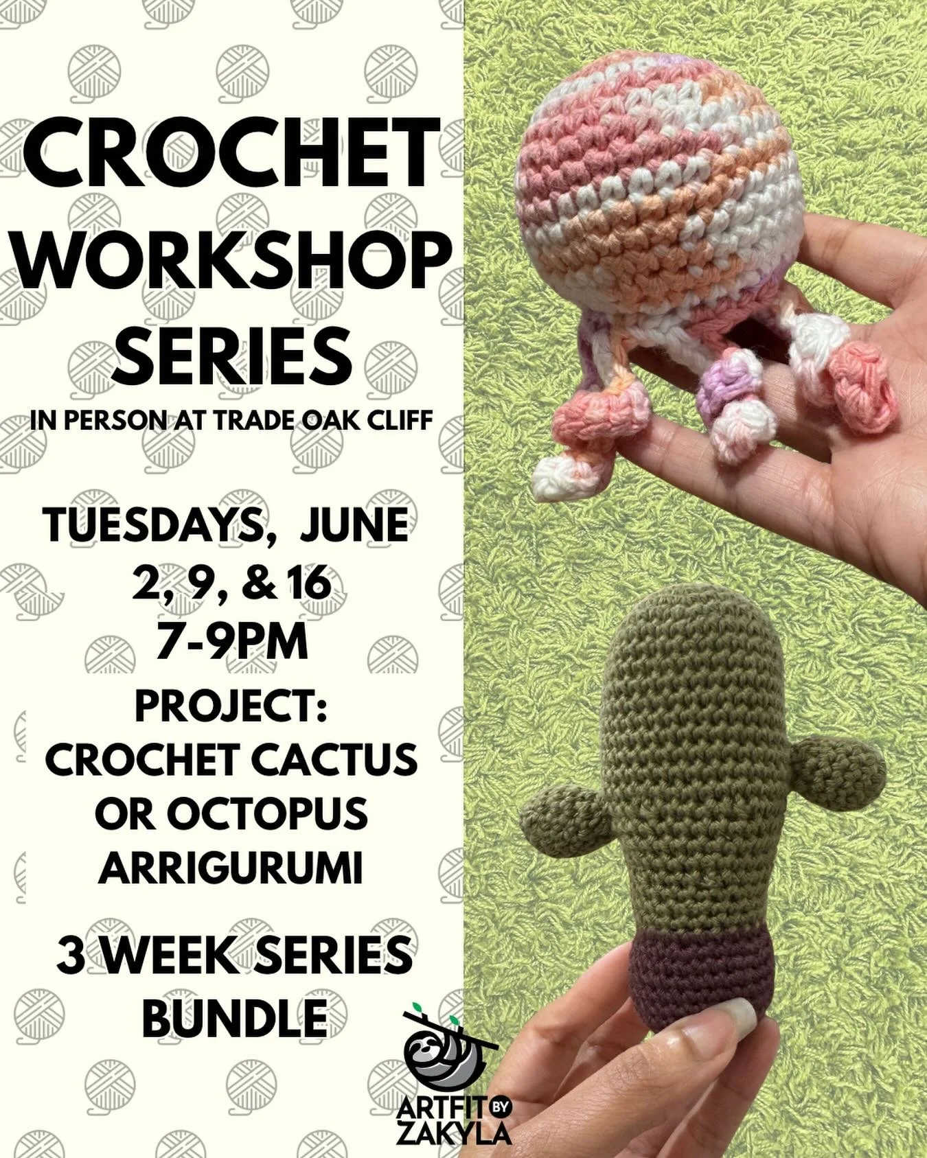 Learn the steps to crochet cute plants and animals with me at @tradeoakcliff! 

June classes are live! I&rsquo;ll see you there! 

#crochetclass #crochetdallas #artfitbyzakyla #learntocrochet #amigurumi