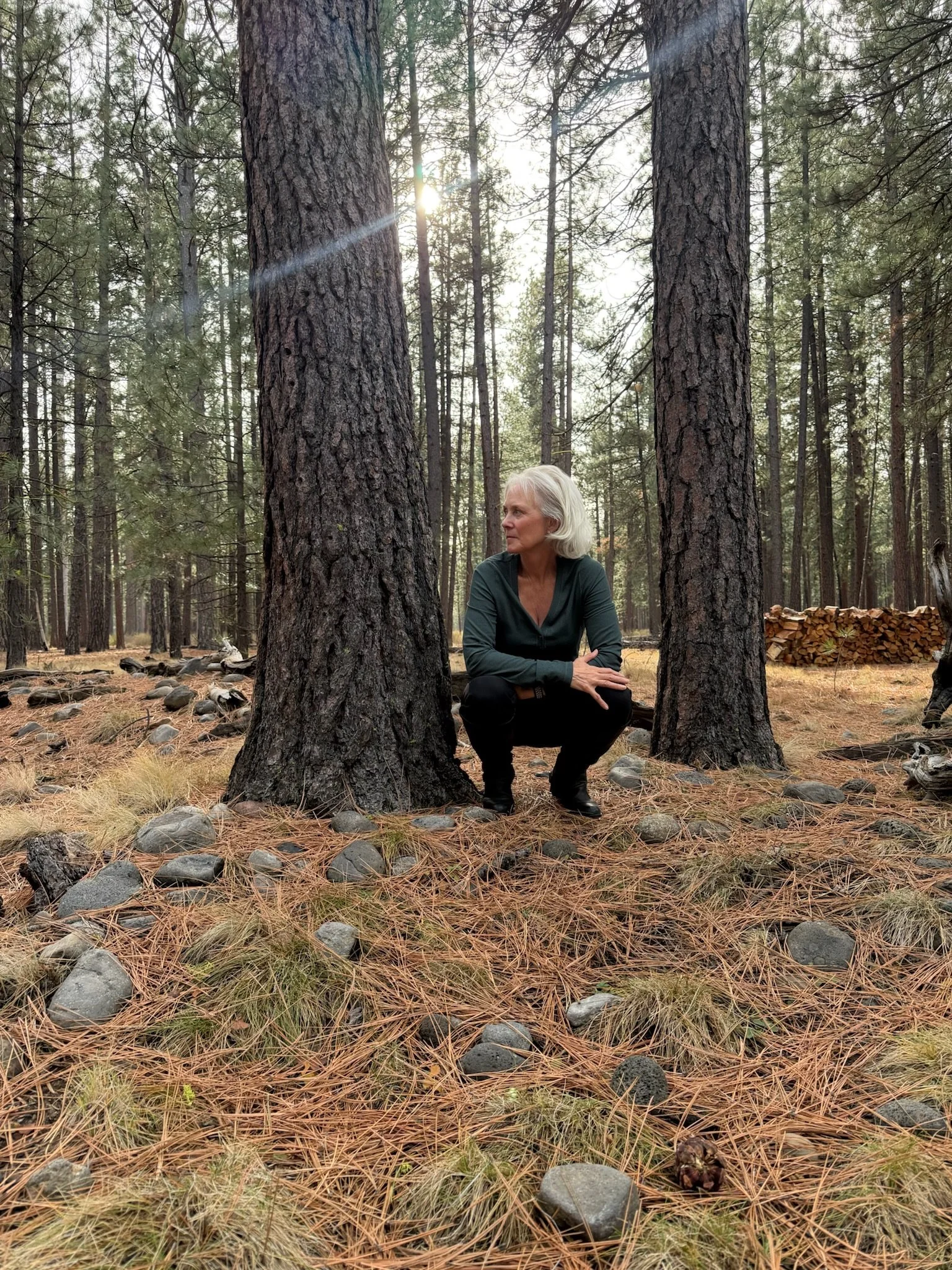 Midlife woman practicing mindful movement in a forest, symbolizing strength, balance, and resilience.