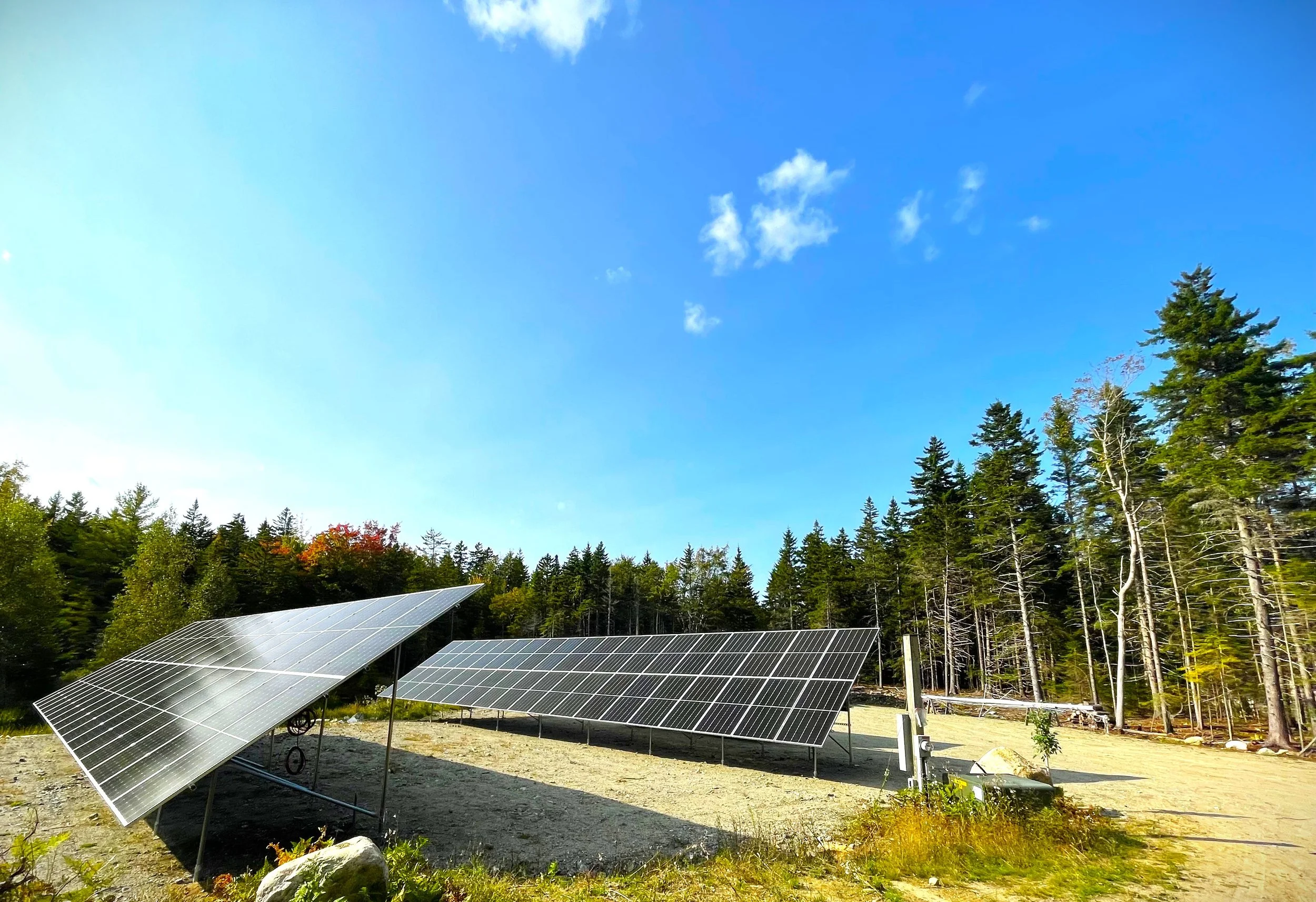 Solar panels installed in a natural setting with trees and blue sky.