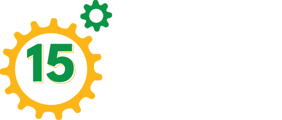 Logo for Sungage Financial with a yellow gear, a smaller green gear, and the text '15 Years' inside the large gear.