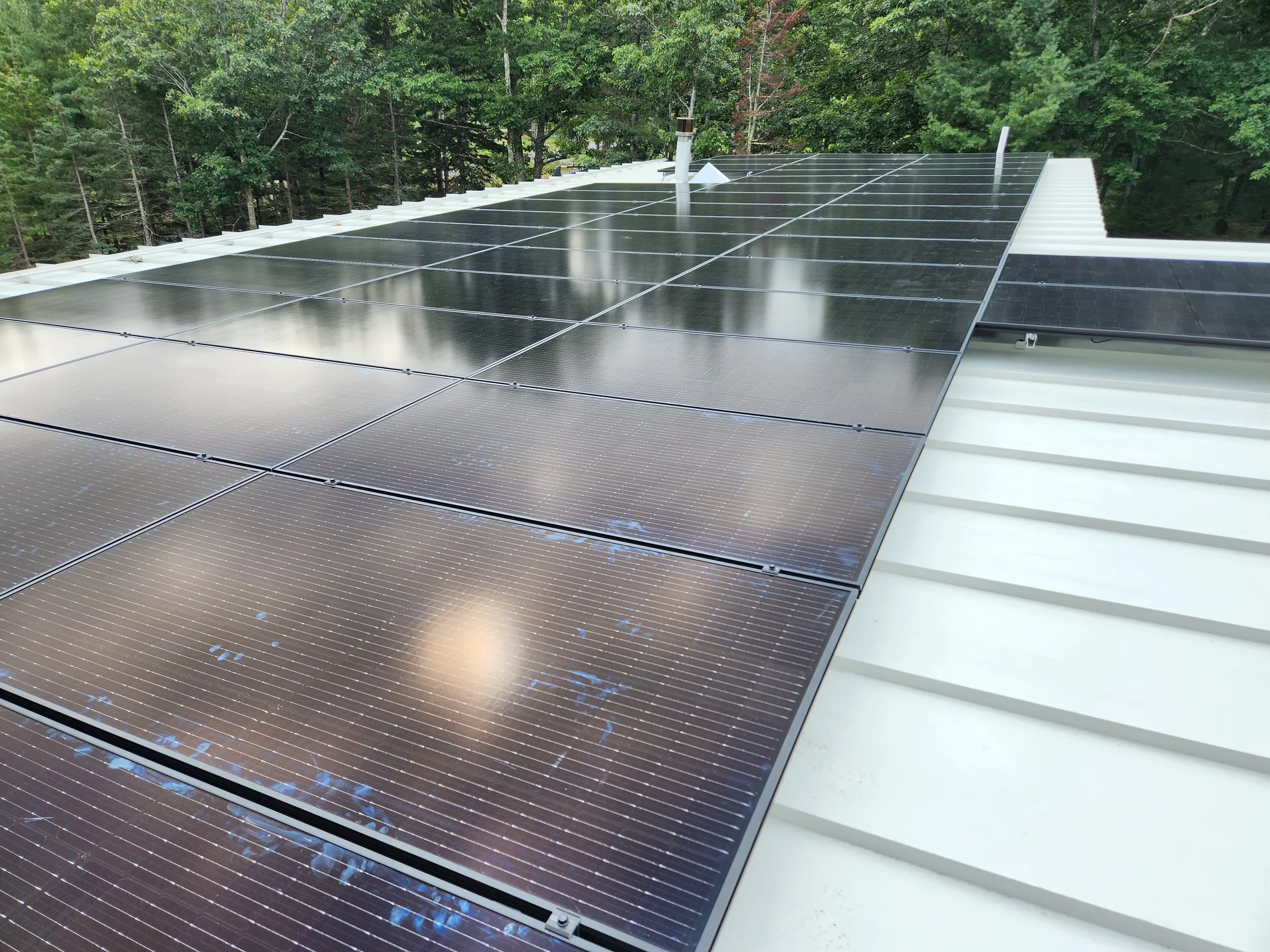 A rooftop with multiple black solar panels installed, surrounded by green trees in the background.