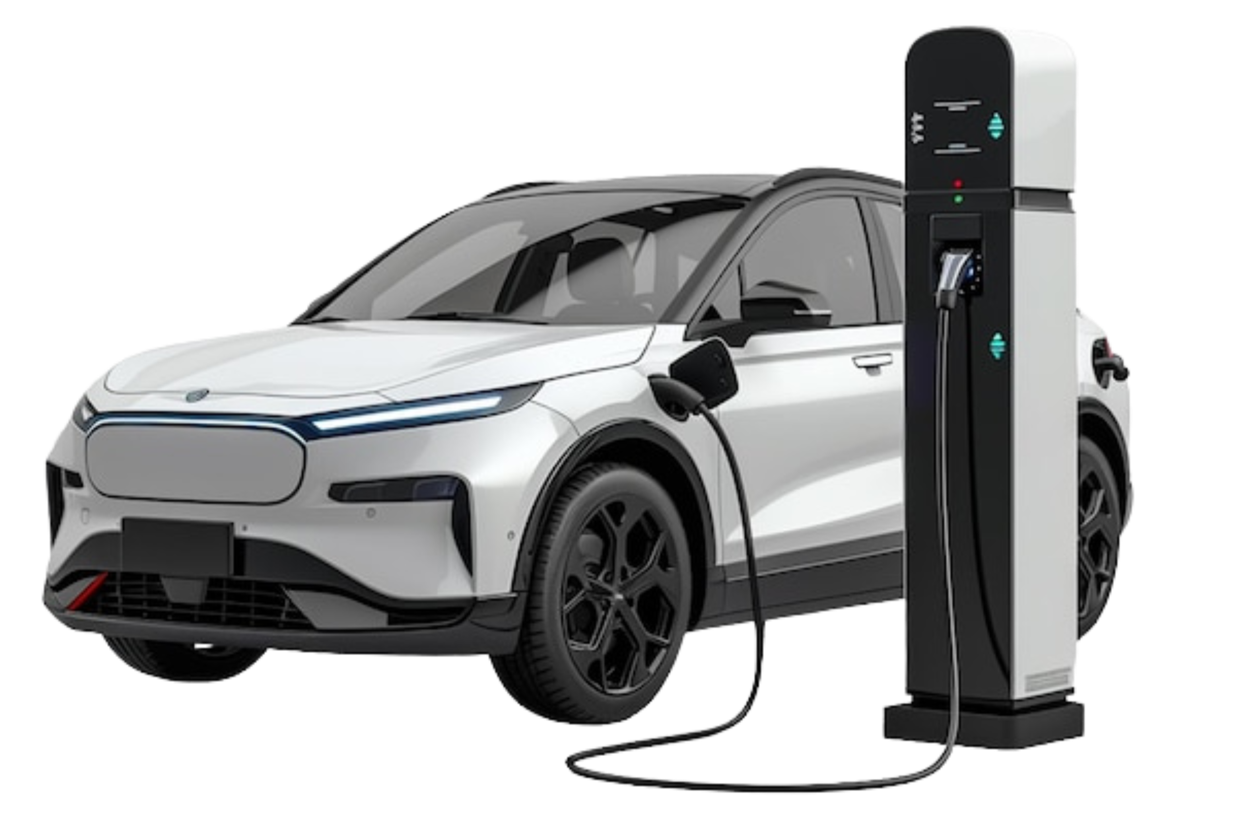 A white electric vehicle connected to a charging station with a cable in a modern charging port.