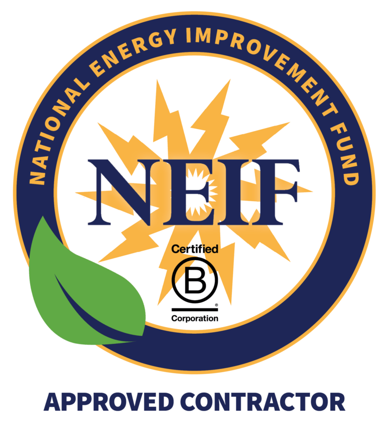 Seal for the National Energy Improvement Fund (NEIF) with a green leaf, yellow lightning bolts, and text indicating certification and approval as a contractor.