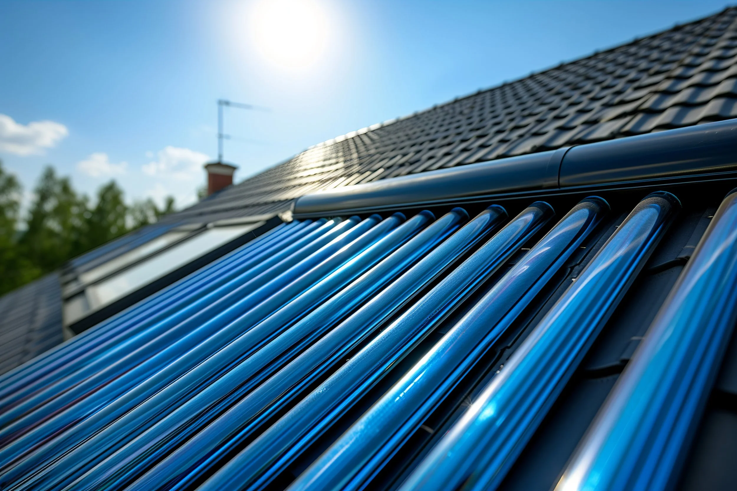 Close-up of solar panels installed on a sloped roof under a bright sun in a clear sky, with trees in the background.