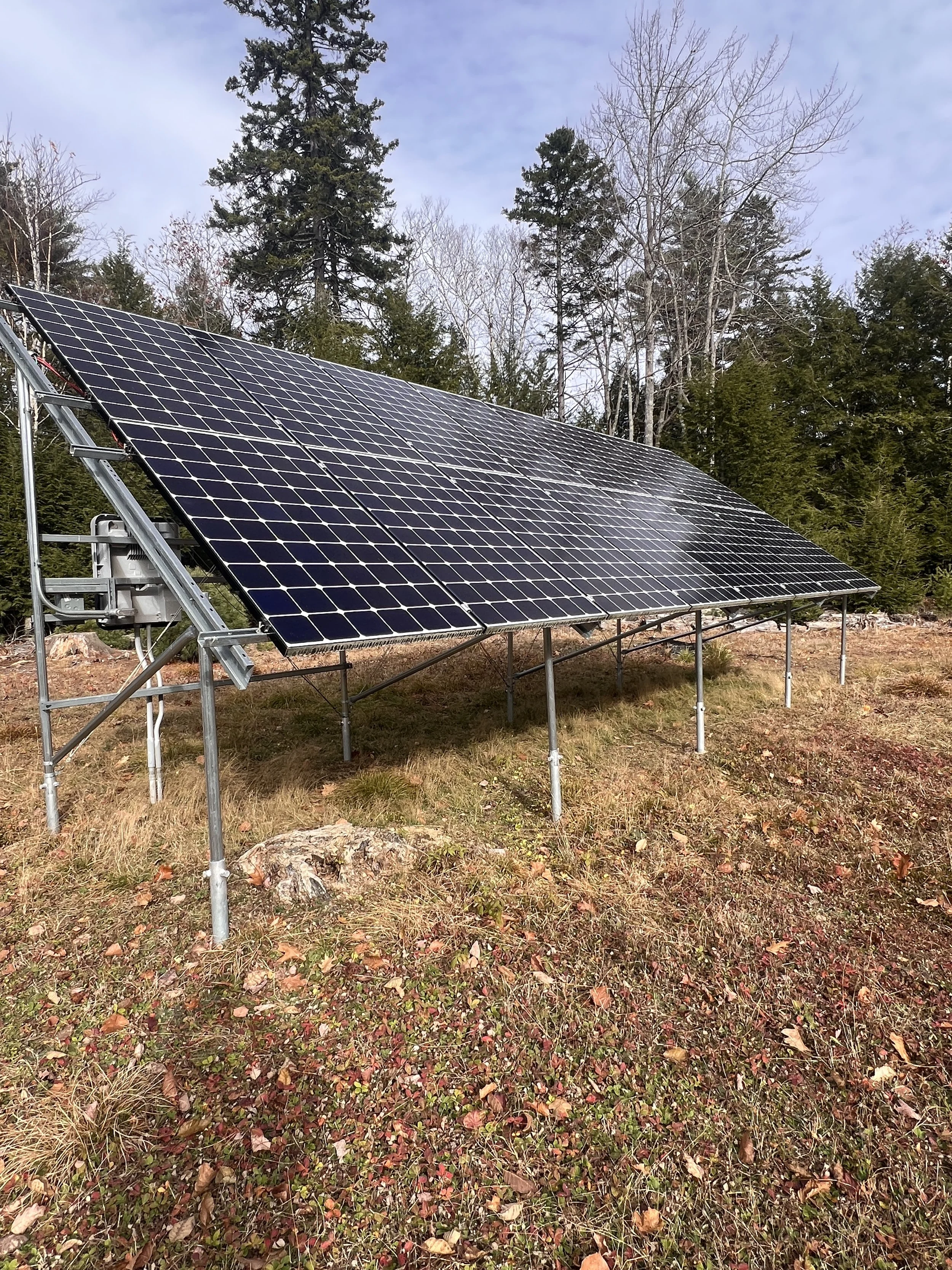 A field of grass and fallen autumn leaves with a large solar panel array installed on metal supports, and tall trees in the background under a partly cloudy sky.