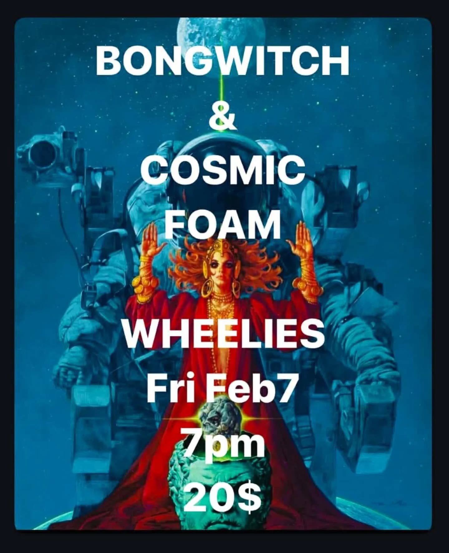 Friday night! @b.o.n.g.witch and @cosmicfoamband take the Wheelies stage to feed your ear holes what they crave.
Tickets at the door. 7pm. Show at 8pm.