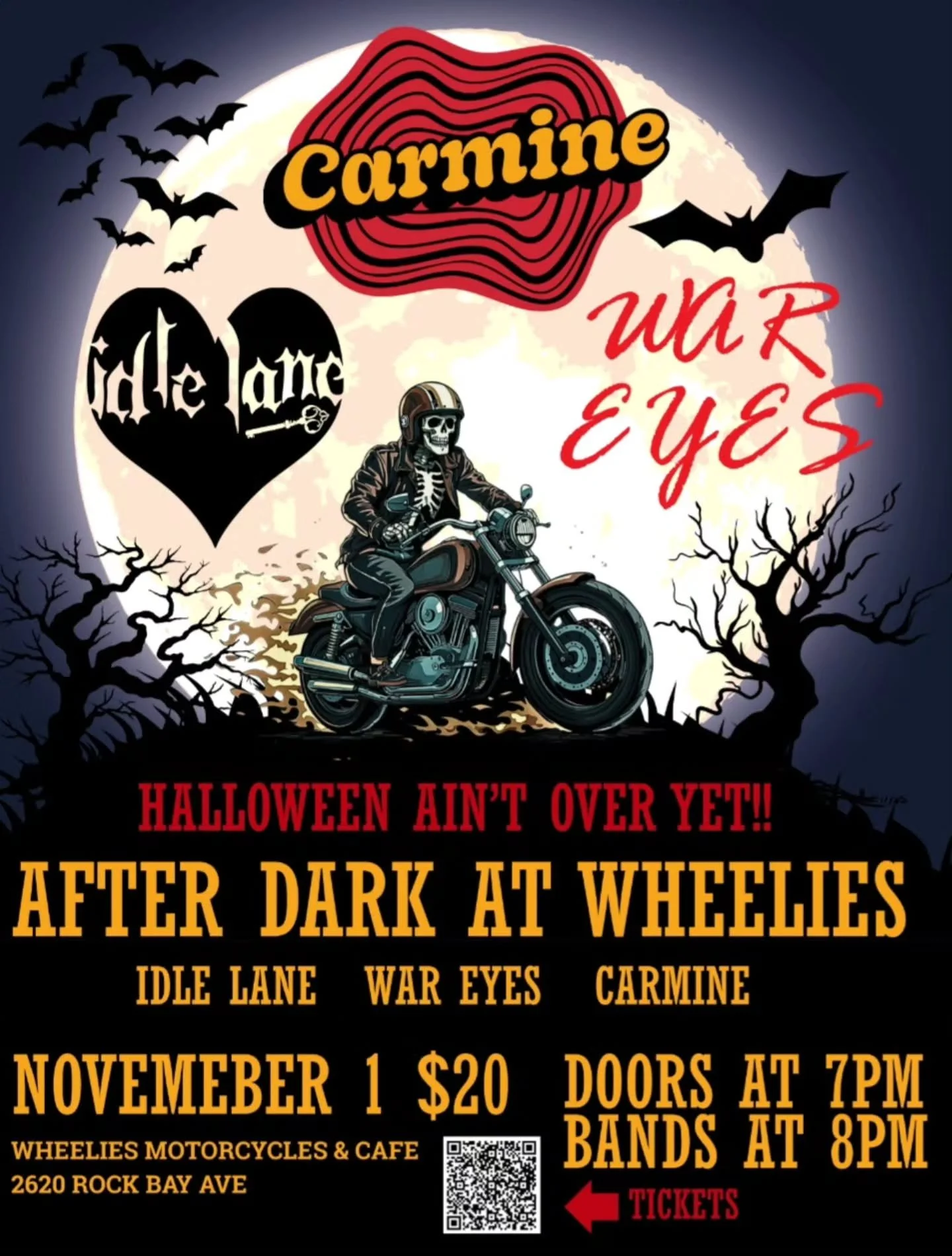NOVEMBER 1ST! HALLOWEEN ALL WEEKEND!
Some local rippers take the Wheelies stage for an evening of Rock n Roll. Not to be missed!