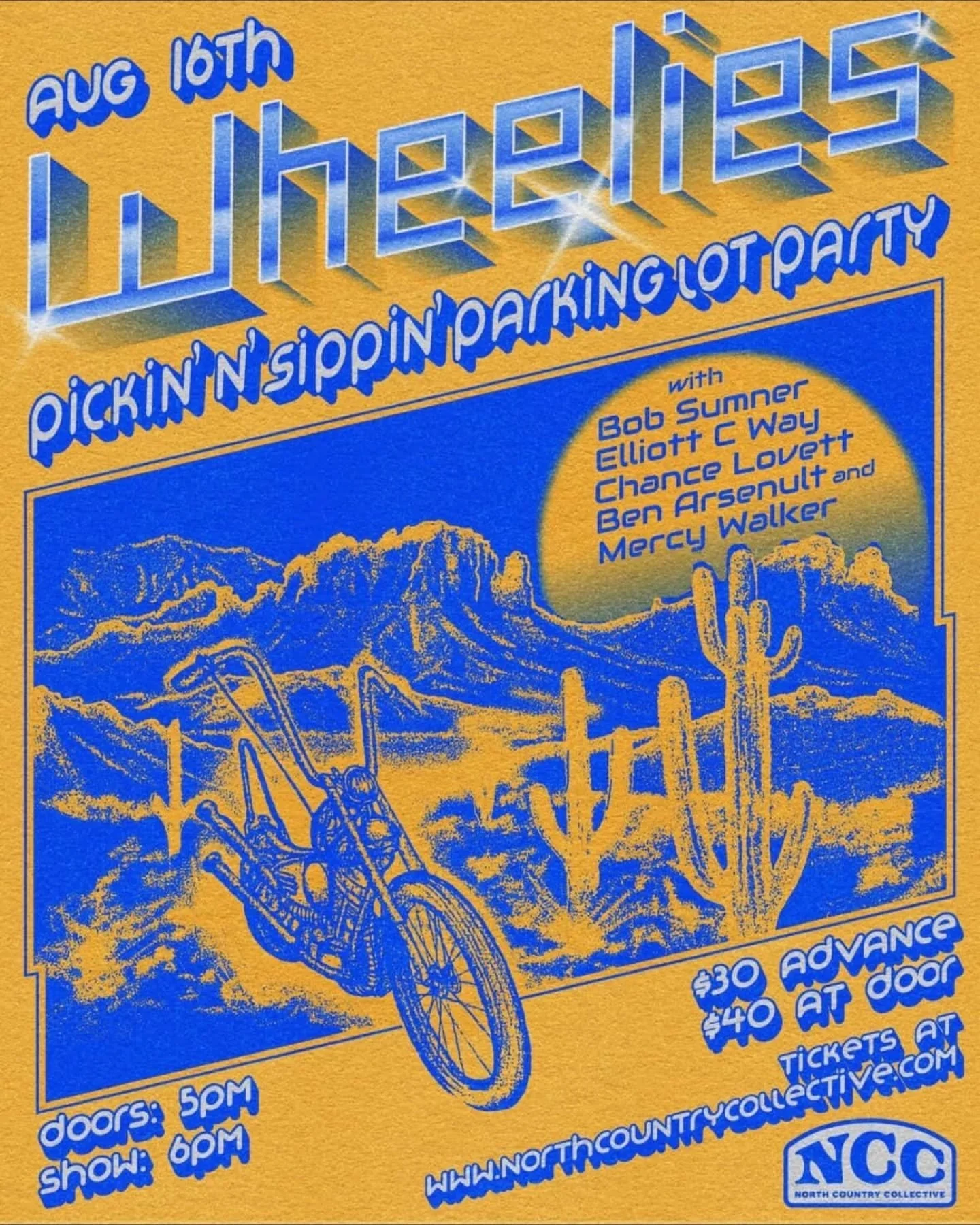 Our parking lot festivities keep on rollin this summer with an August evening country shaker in the Wheelies lot! Presented by the @northcountrycollective, catch @brotherbobsumner @elliotcway @chancelovettband @benarsenaultmusic @thisismercyy live in