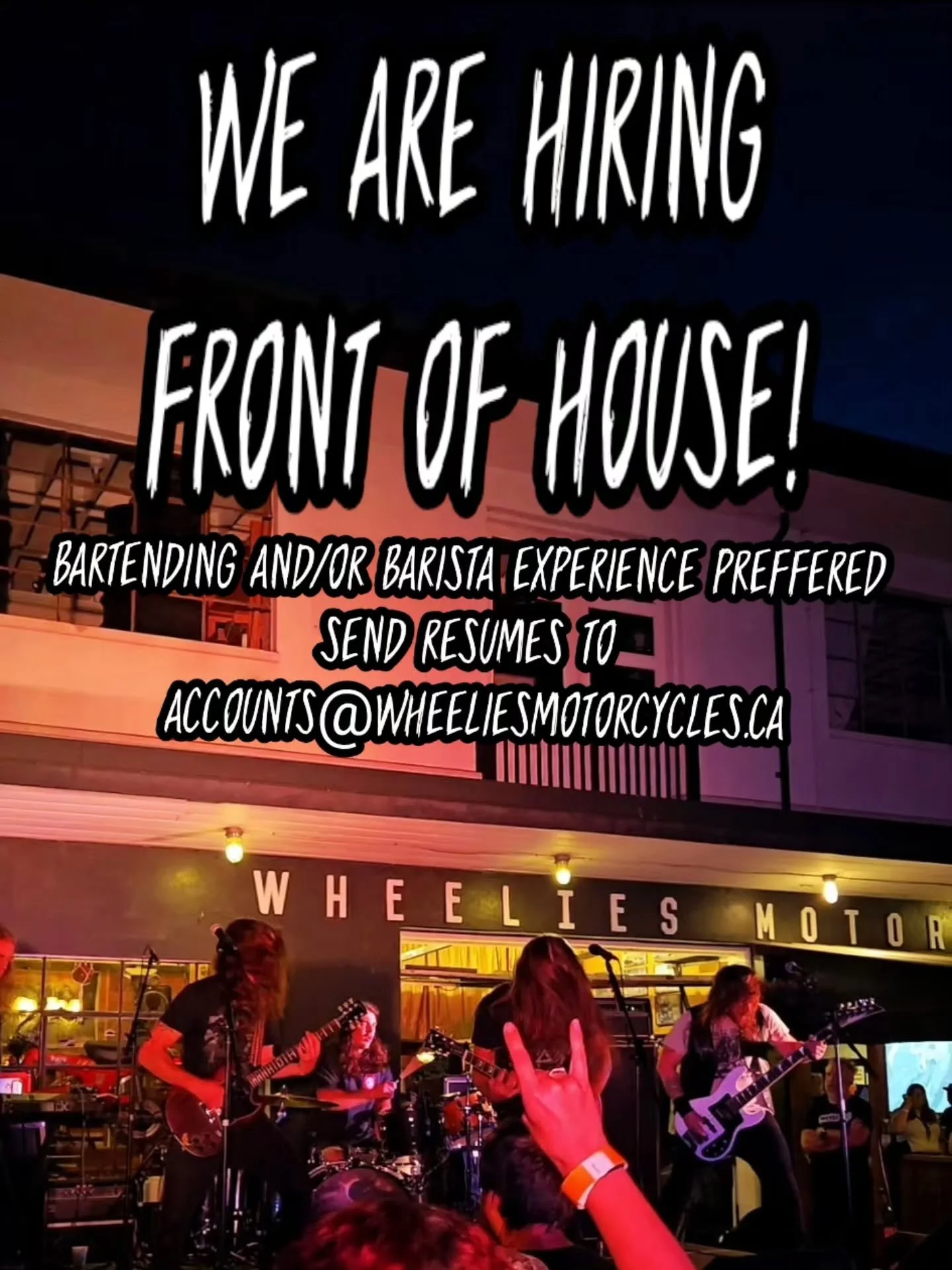 We are looking for a FT/PT position/s to get rolling into our summer of parking lot shows and busy season. No you don't need tattoos just good work ethic and some experience would be nice. Email accounts@wheeliesmotorcycles.ca