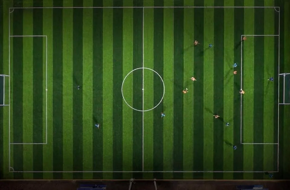 Bird's-eye view of a football pitch at DeporPLaza along Costa Verde in Lima