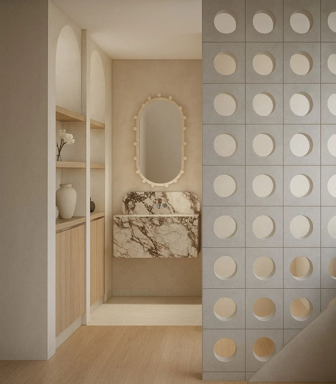 A glimpse into the Coral Residence powder room — sculptural forms, bold marble, and playful geometry come together in a warm, inviting palette. ๐ค
#CoralResidence #FreshwaterHome #PowderRoomDesign #MarbleVanity #CurvedDetails #AustralianDesign